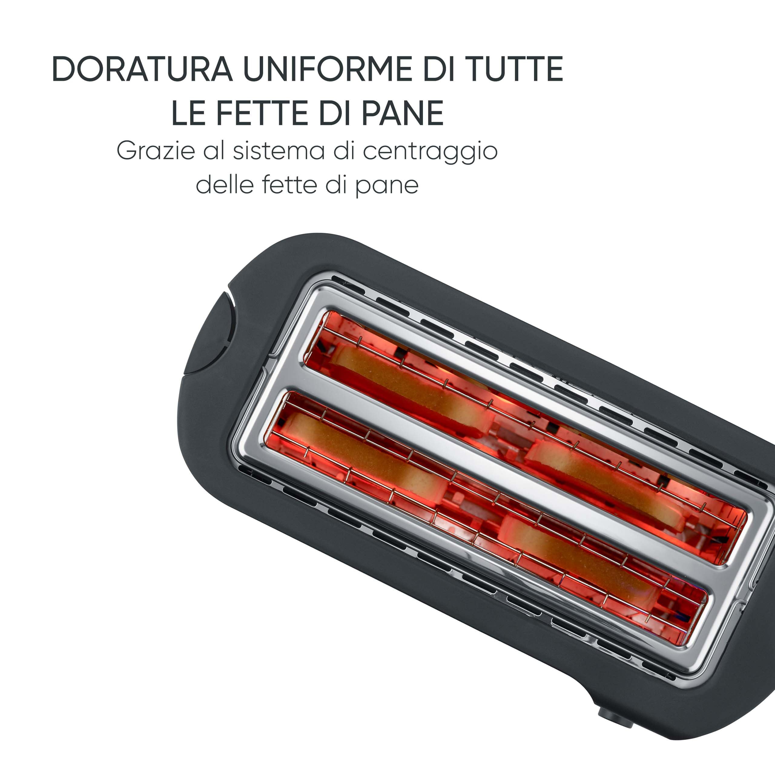 Severin Tostapane a Fessura Lunga per 4 Fette, Scaldapanini Integrato, 1400W, Centratura Automatica delle Fette, Funzione Scongelamento e Riscaldamento, Nero Opaco, AT 2591