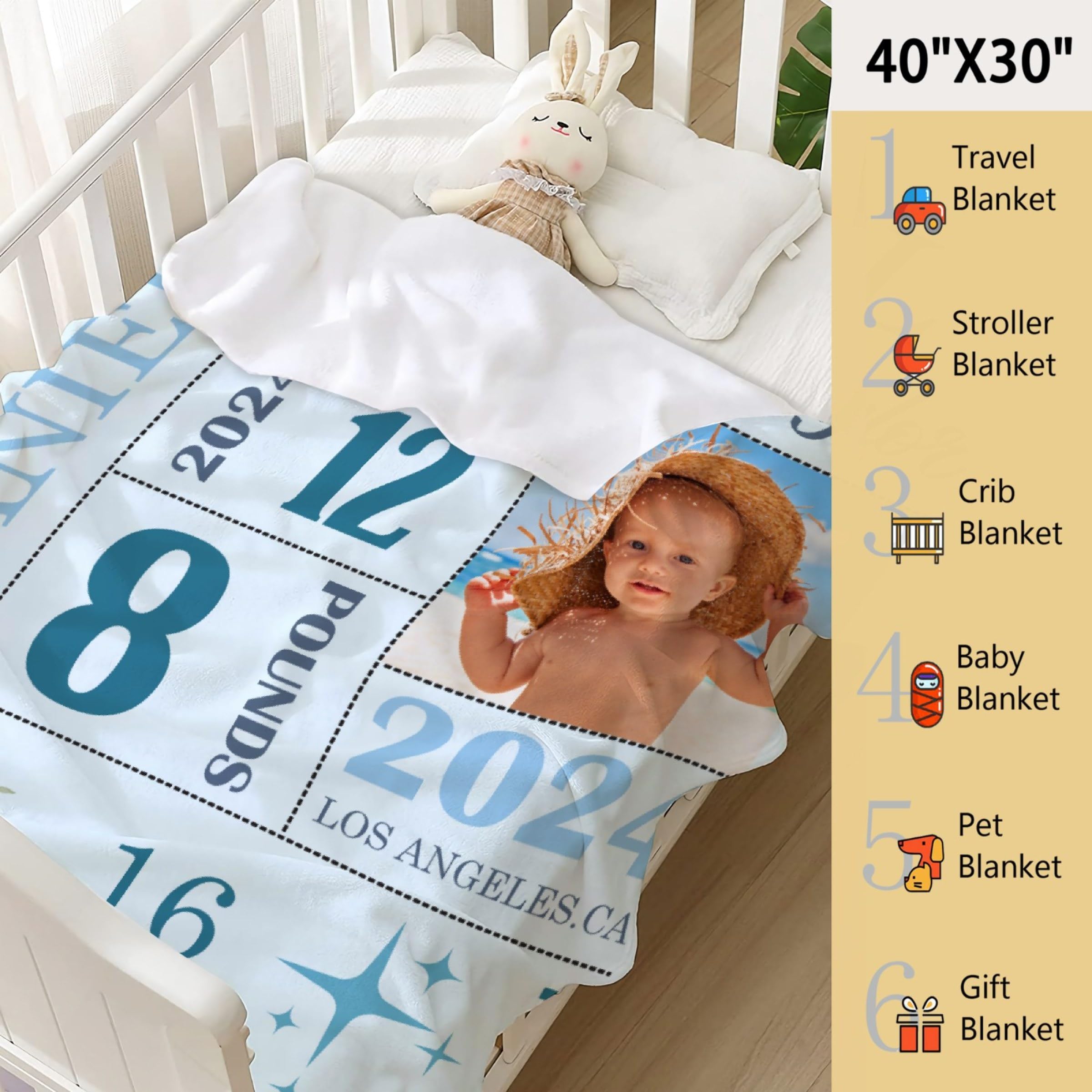 Personalized Baby Blanket with Birth Information for Boys and Girls, Customized Name Blanket from Baby's Name Birth Time Date, Gift for New Mom Dad Granddaughter Grandson - 50
