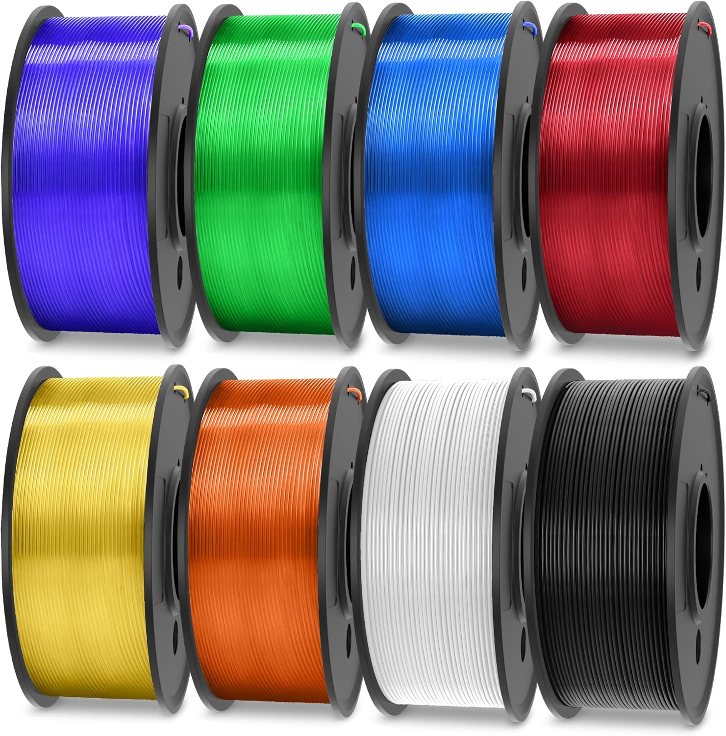 PLA 3D Printer Filament 1.75mm, 0.25kg Each Spool, Total 2kg, 8 Packs, 2 Spool of Black/White and 6 Spool of Transparent PLA Red/Purple/Orange/Blue/Yellow/Green