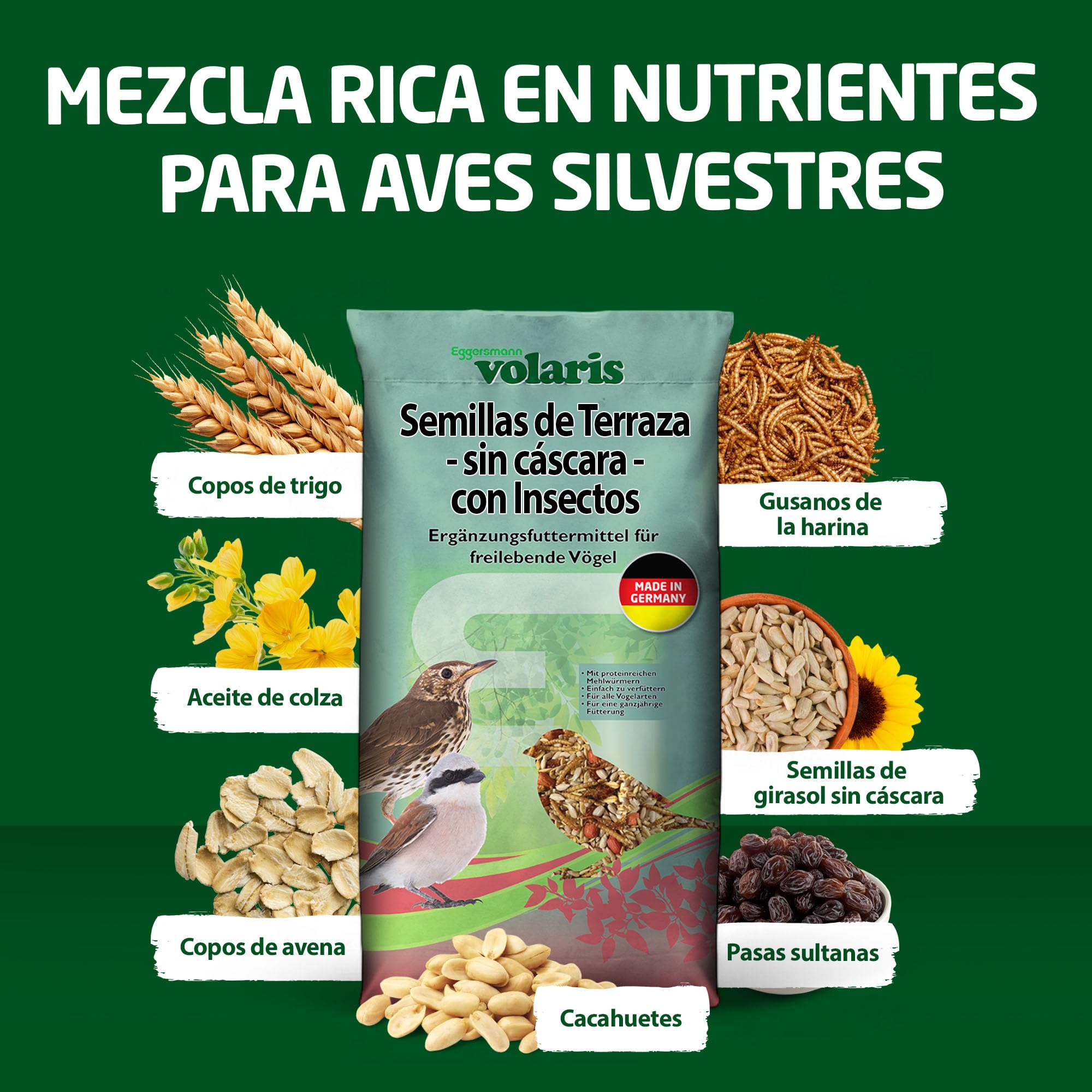 Eggersmann volaris Granos de terraza con insectos de 2,5 kg – Alimento para aves silvestres sin cáscara con gusanos de la harina, semillas de girasol UVM. Alimento para todo el año, rico en proteínas - 5