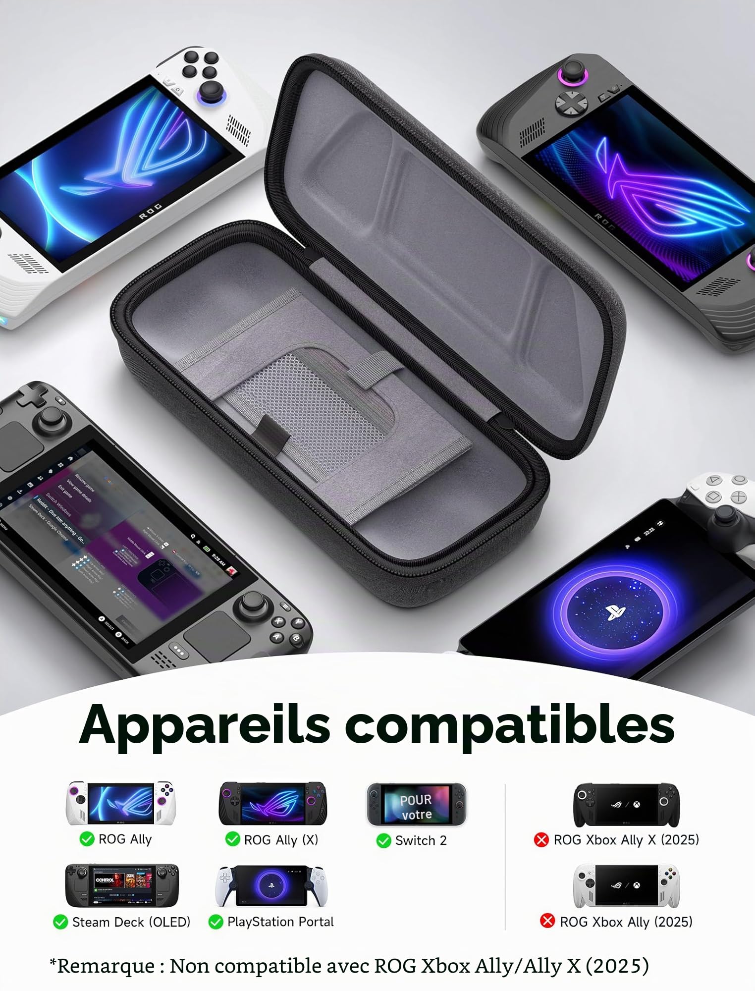 JSAUX Étui pour Steam Deck/ROG Ally, Étui de Transport Protectrice à Coque Dure avec Chargeur Intégré et Rangement Station d'accueil, Étui Transport Portable pour Steam Deck OLED/ROG Ally X - BG0106X