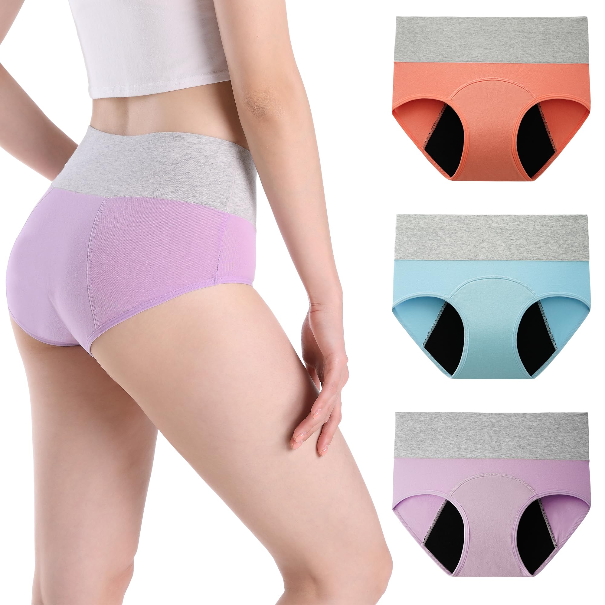 INNERSY Bragas Menstruales Mujer Cintura Alta Braga Menstrual Algodón Ropa Interior Protección Pack de 3