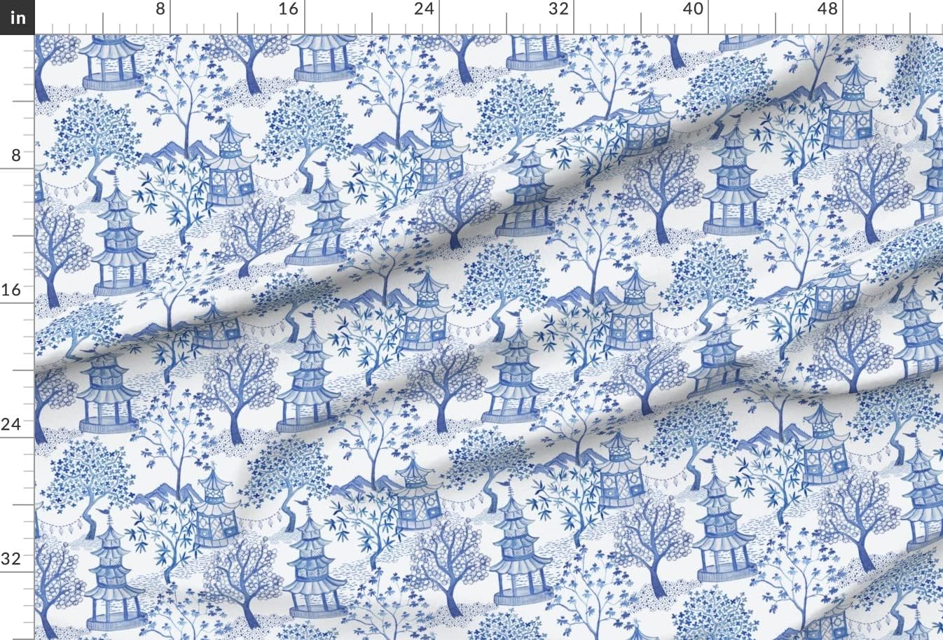 Spoonflower Fabric - Chinoiserie Blue White Toile Pagoda Landscape and Asian Art Printed on Upholstery Velvet Fabric Fat Quarter - Upholstery Home Decor Bottomweight Apparel