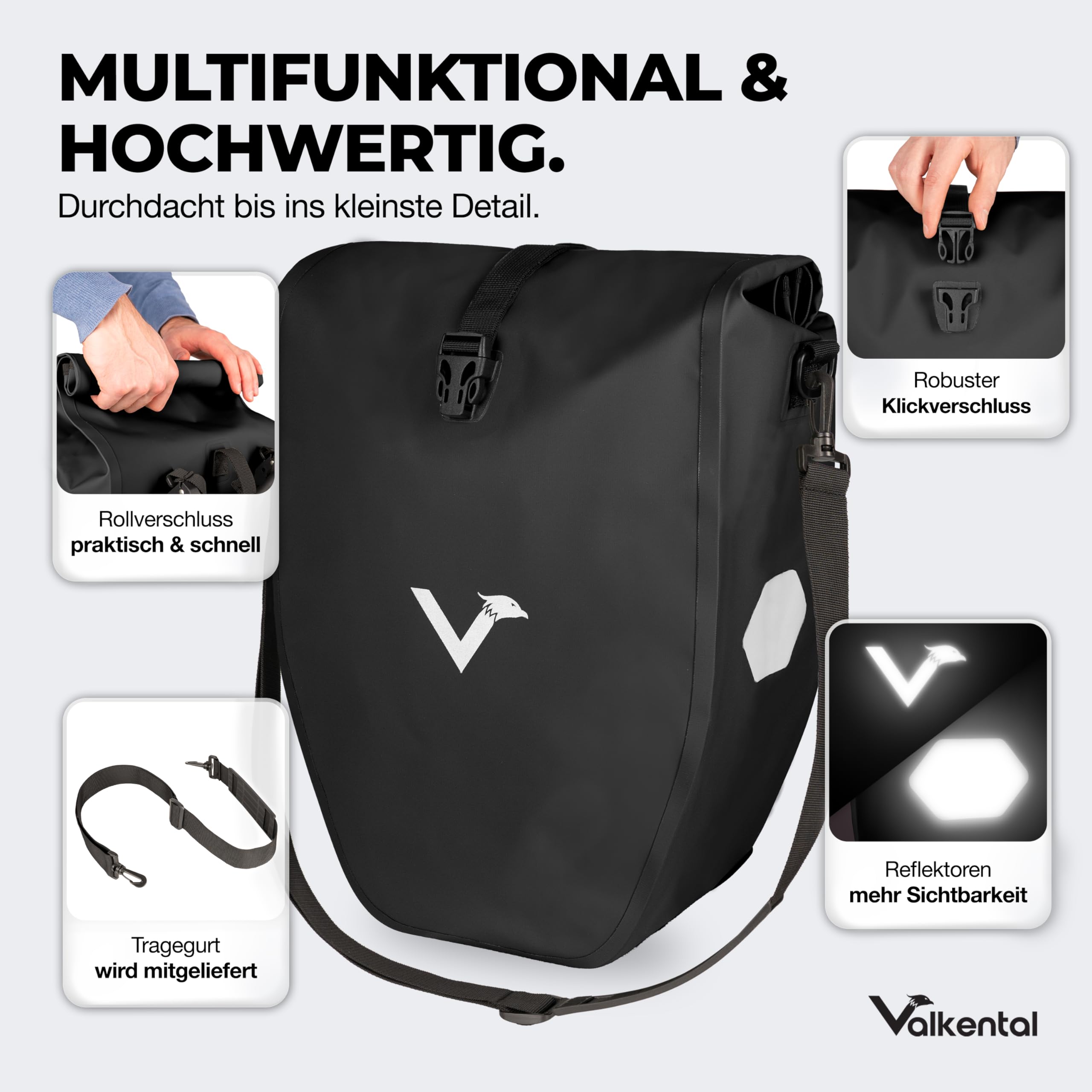 Valkental Große & wasserdichte Gepäckträgertasche - Fahrradtasche für Gepäckträger mit großen Reflektoren [Abschließbar] Bombenfester Sitz - Mehrfach ausgezeichnet - Gefertigt für Langlebigkeit - 4