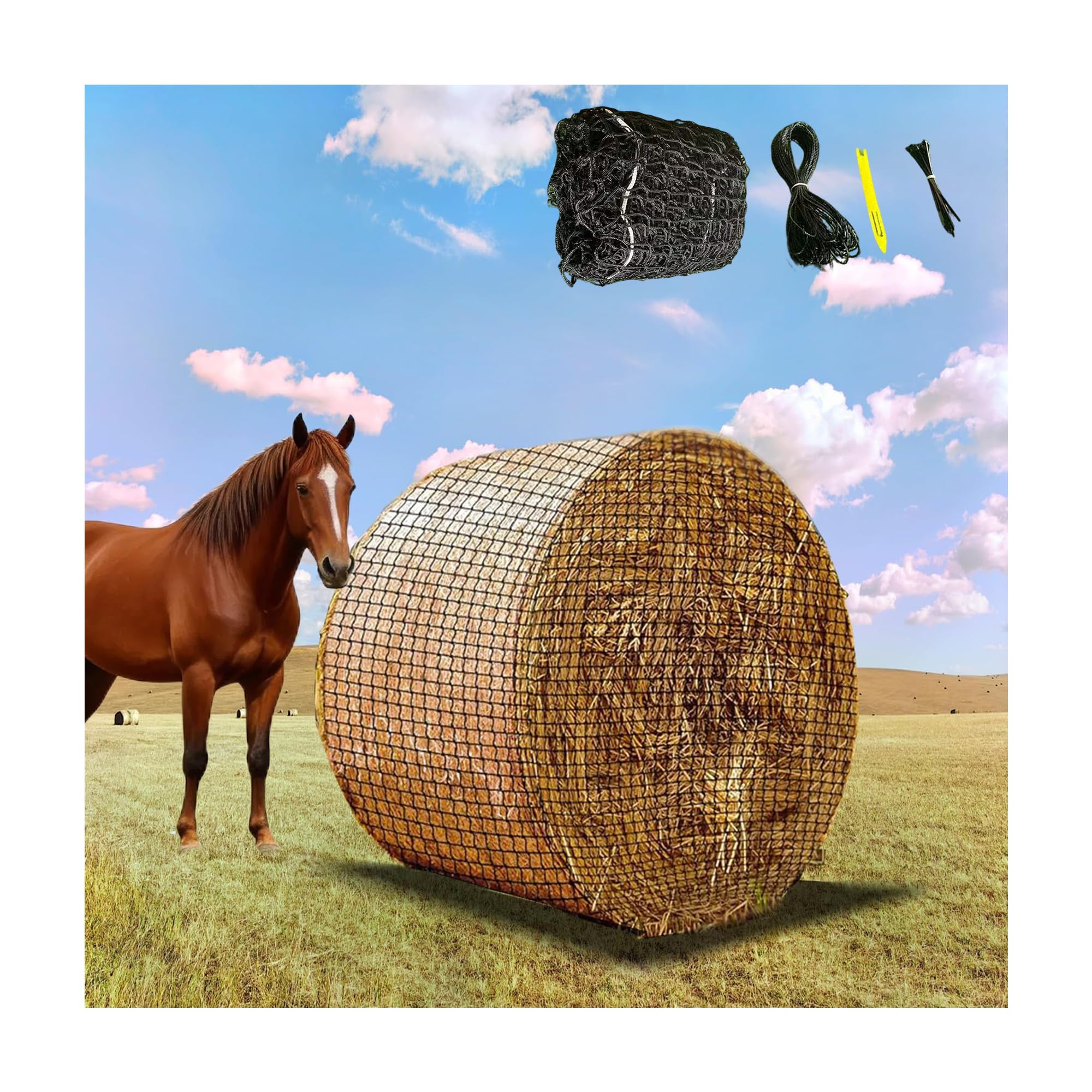 Heunetz für Pferde,Rundballen-Netz, ø 150 cm, Höhe 150 cm, Maschenweite 5x5cm, Engmaschiges Futternetz für langsames Fressen,Stabiles Heunetz für Pferde zur artgerechten Fütterung