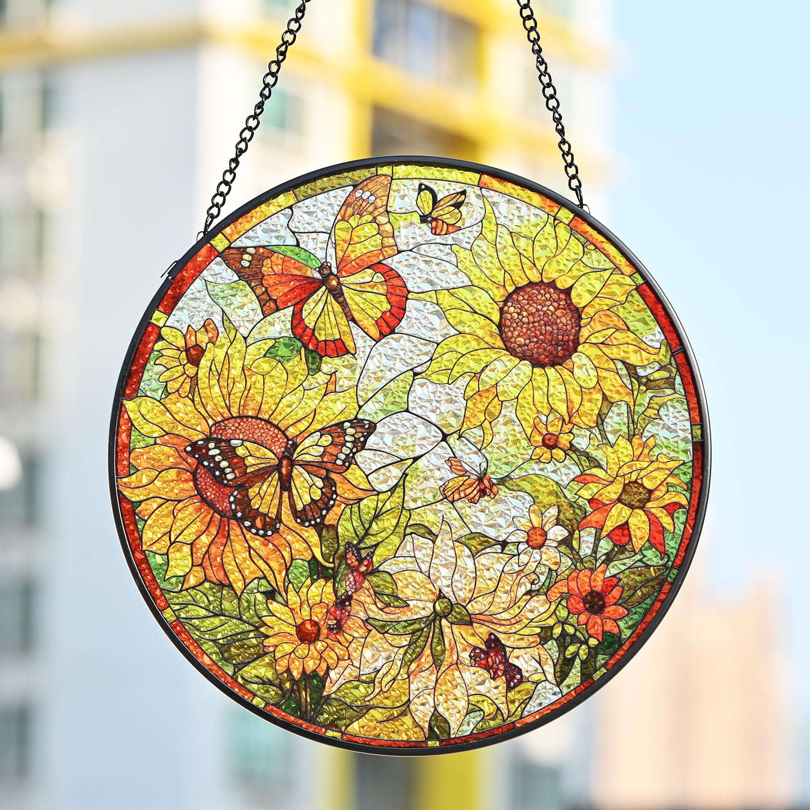 Sunflower Suncatcher Stained Glass- Sunflower Gifts for Women, Stained Glass Window Hanging, 7.87inch Handmade Stained Glass Hanging Decor for