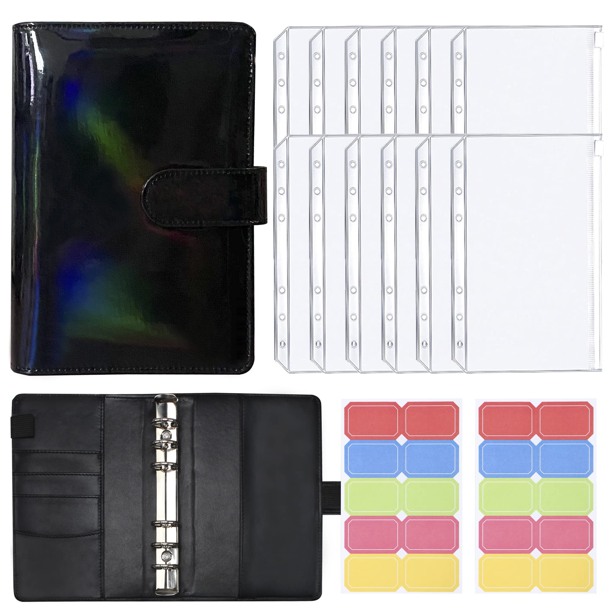 A6 Coloured Binder Hand Ledger Laser Macaron PU Notebook Cash Budget Notebook with 12 Pieces A6 Pocket Binder Bag 6 Rings Zipper Cash Envelope System (Laser Black)