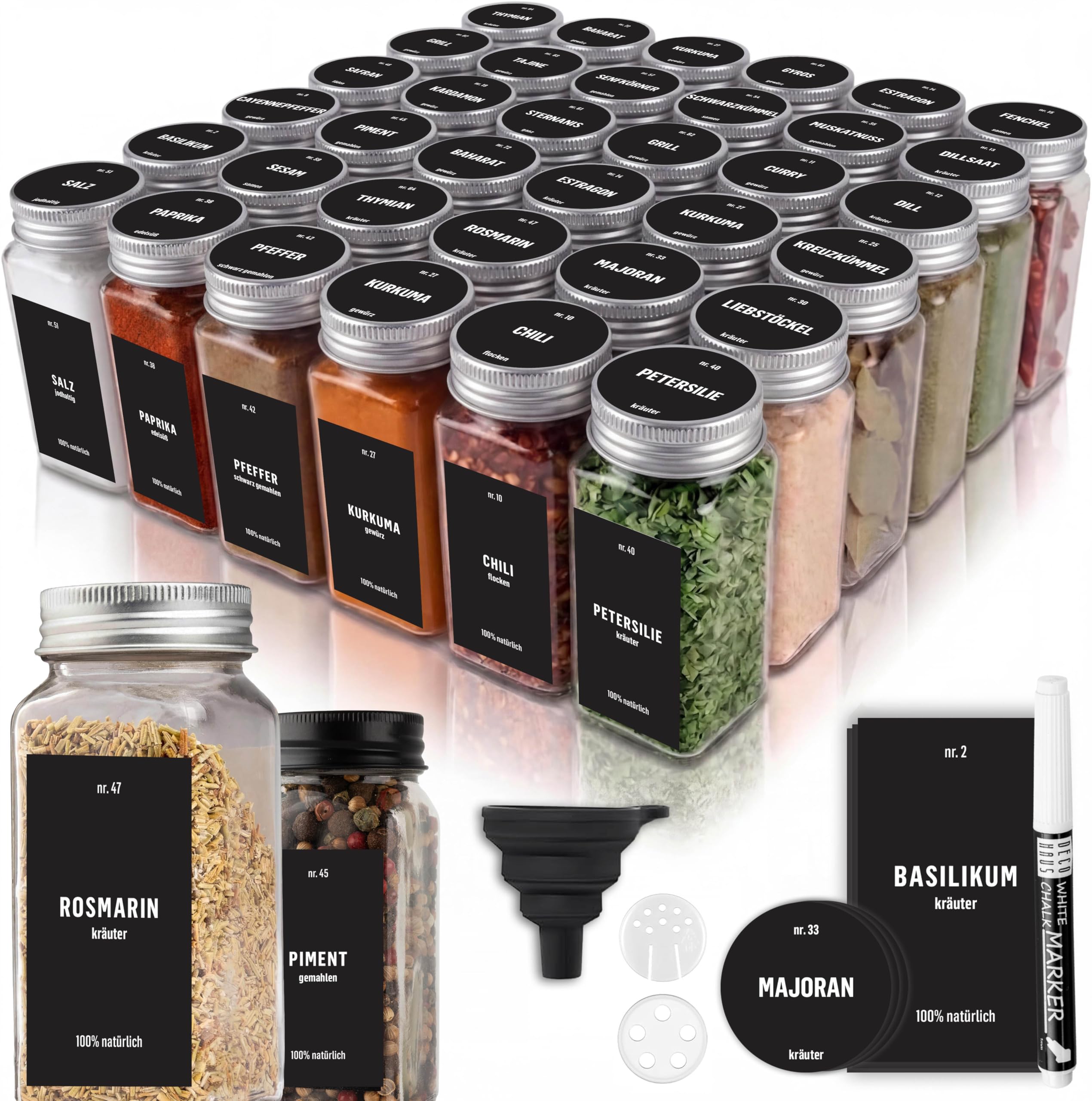 Deco haus® Lot de 36 Bocaux à Épices Carrés Hermétiques [avec Étiquettes & Saupoudreur] - Bocaux en Verre - Pot a Epices en Verre et Bois, Spice Jars - Récipients d'Épices - Pot à Epices