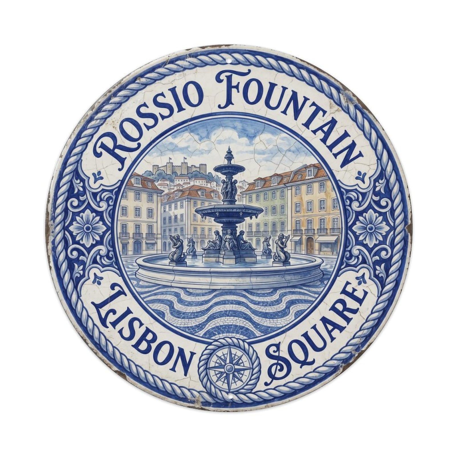 Vintage Travel Rossio Fountain Lisbon Square Metal Tin Sign Plaque Wall Decor for Cafe, Club, Garden Round Metal Poster 8x8Inch