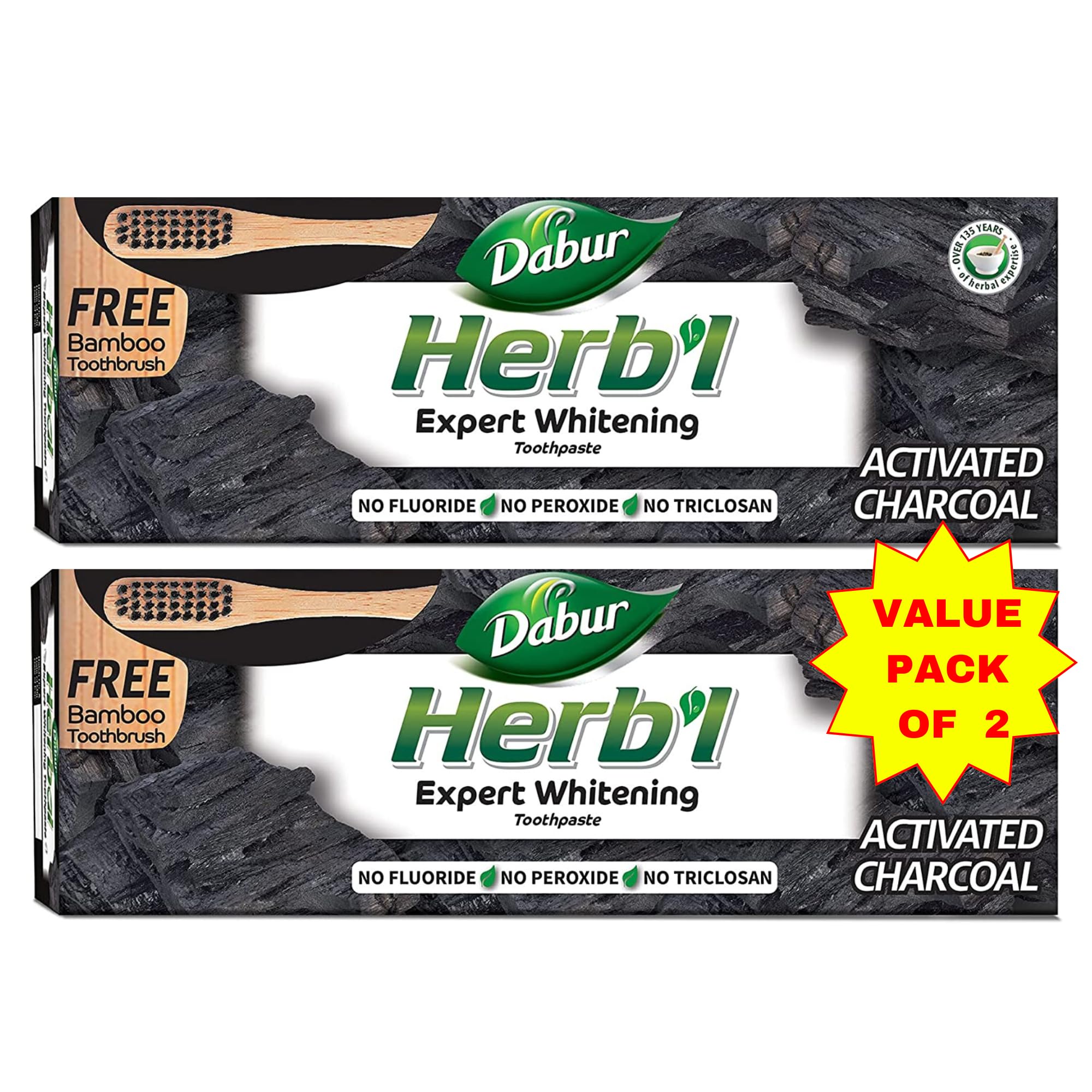 Herbal Activated Charcoal Toothpaste (2 x 150g + Bamboo Toothbrush) | For Expert Teeth Whitening, Stain Removal & Healthy Gums | Enriched with Activated Charcoal