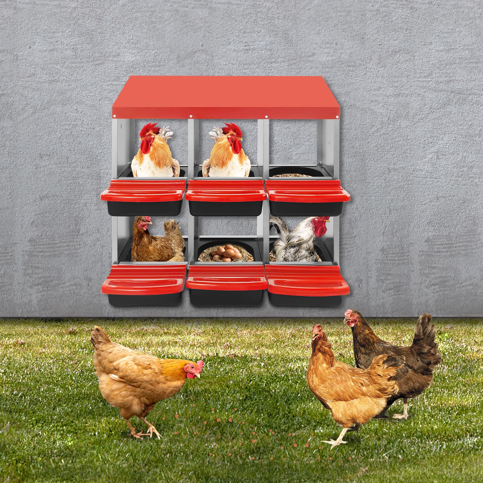 Nido de puesta para pollos, 6 compartimentos, nido de pollo, caja de metal, con compartimento de almacenamiento automático, 81 x 52 x 79 cm, ventilado, color rojo