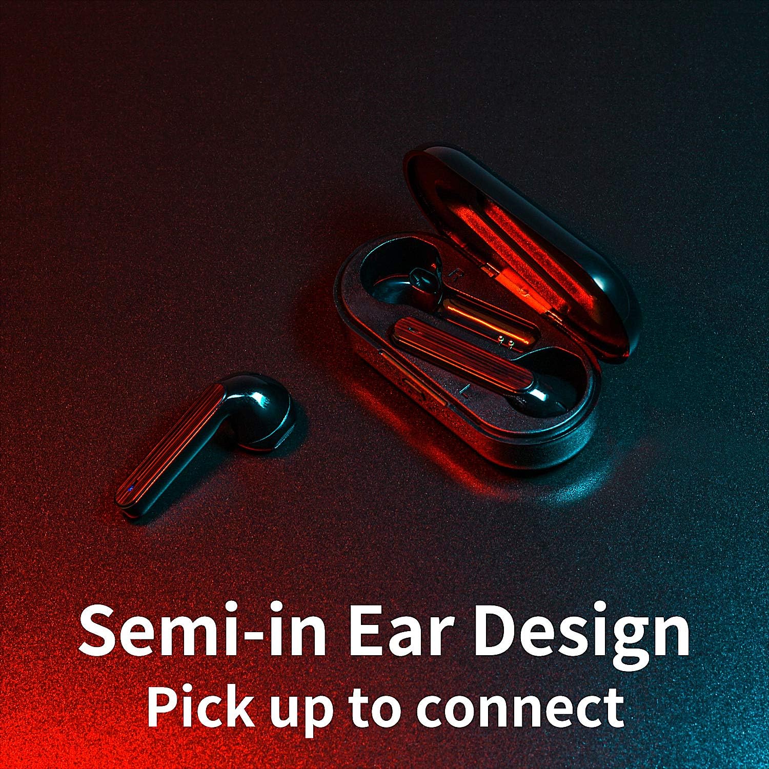 A single black earbud next to its open charging case, with text 'Semi-in Ear Design Pick up to connect'.