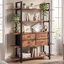 5 Tier Bookshelf with Drawers, Heavy Duty Storage Shelf, Vintage