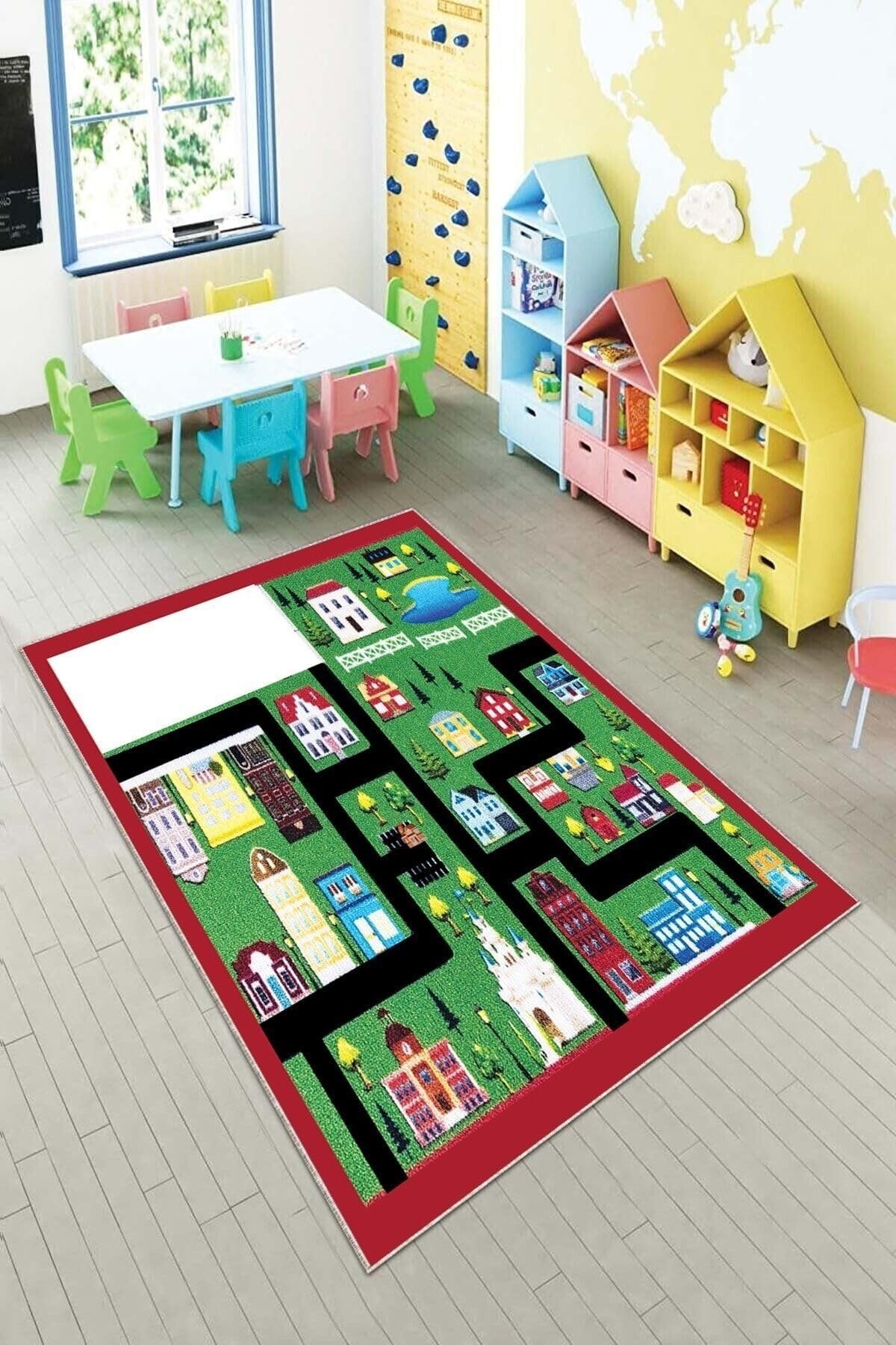 Pelangi Kırmızı Araba Yollu Şehir Desenli Yıkanabilir Kaymaz Taban Leke Tutmazbebek Ve Çocuk Odası Halısı, Kırmızı-Yeşil 100 x 350