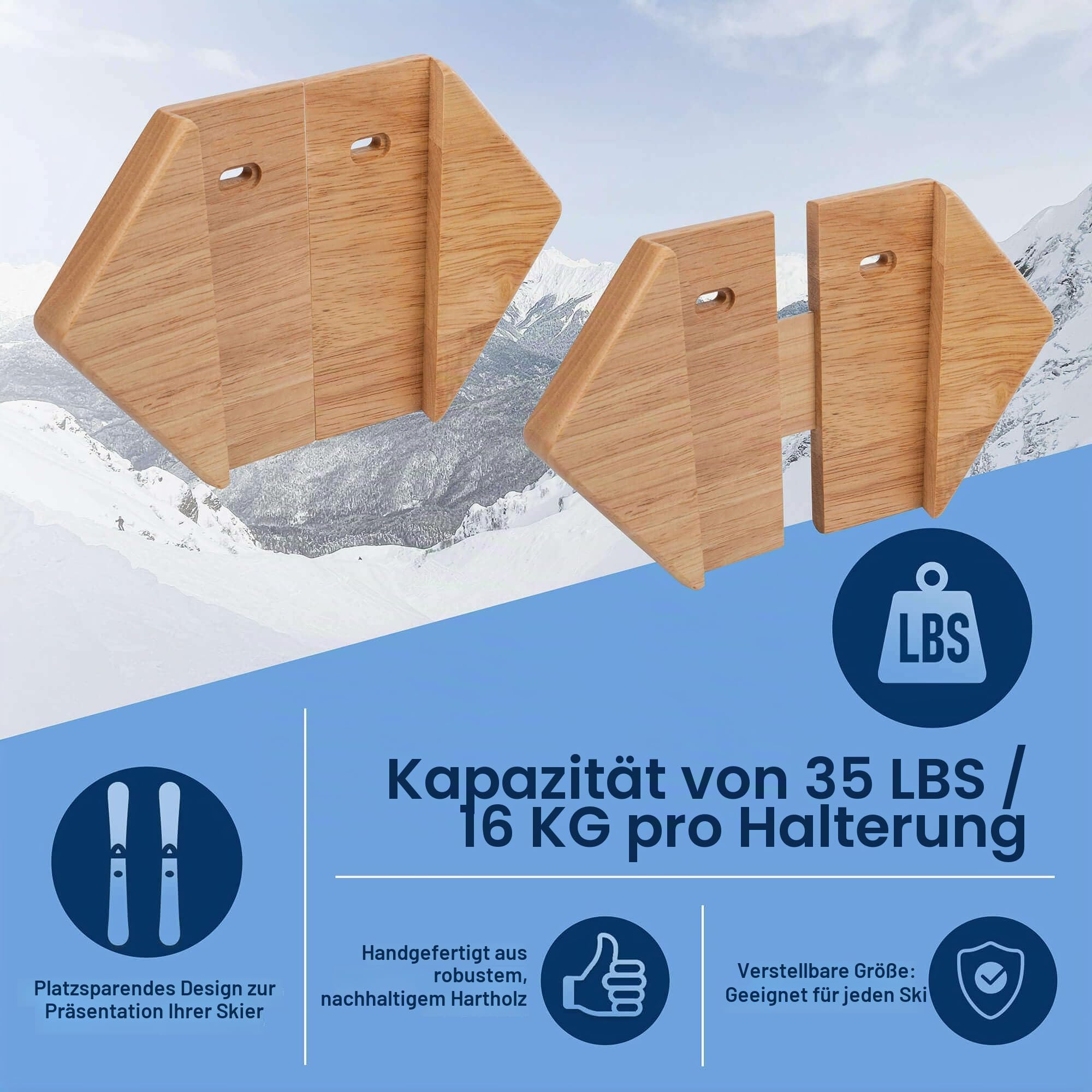 Hang 11 Ski-Wandhalterung – Ski-Kleiderbügel für Wand, Display-Halterung, minimalistische Hartholz-Kleiderbügel, dekorative Halterungen zum Aufhängen, vertikales Aufbewahrungsregal für Garage, zeigen