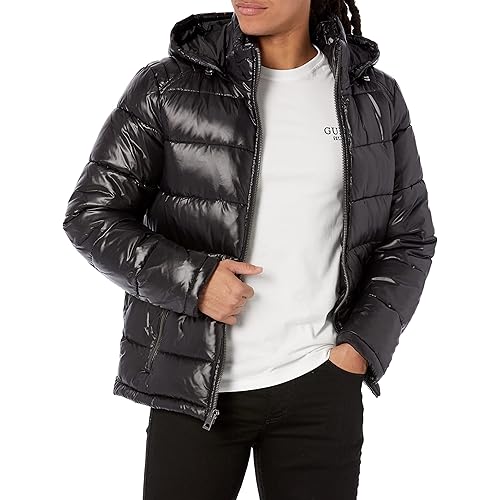 GUESS Men's Mid-Weight Puffer Jacket with Removable Hood