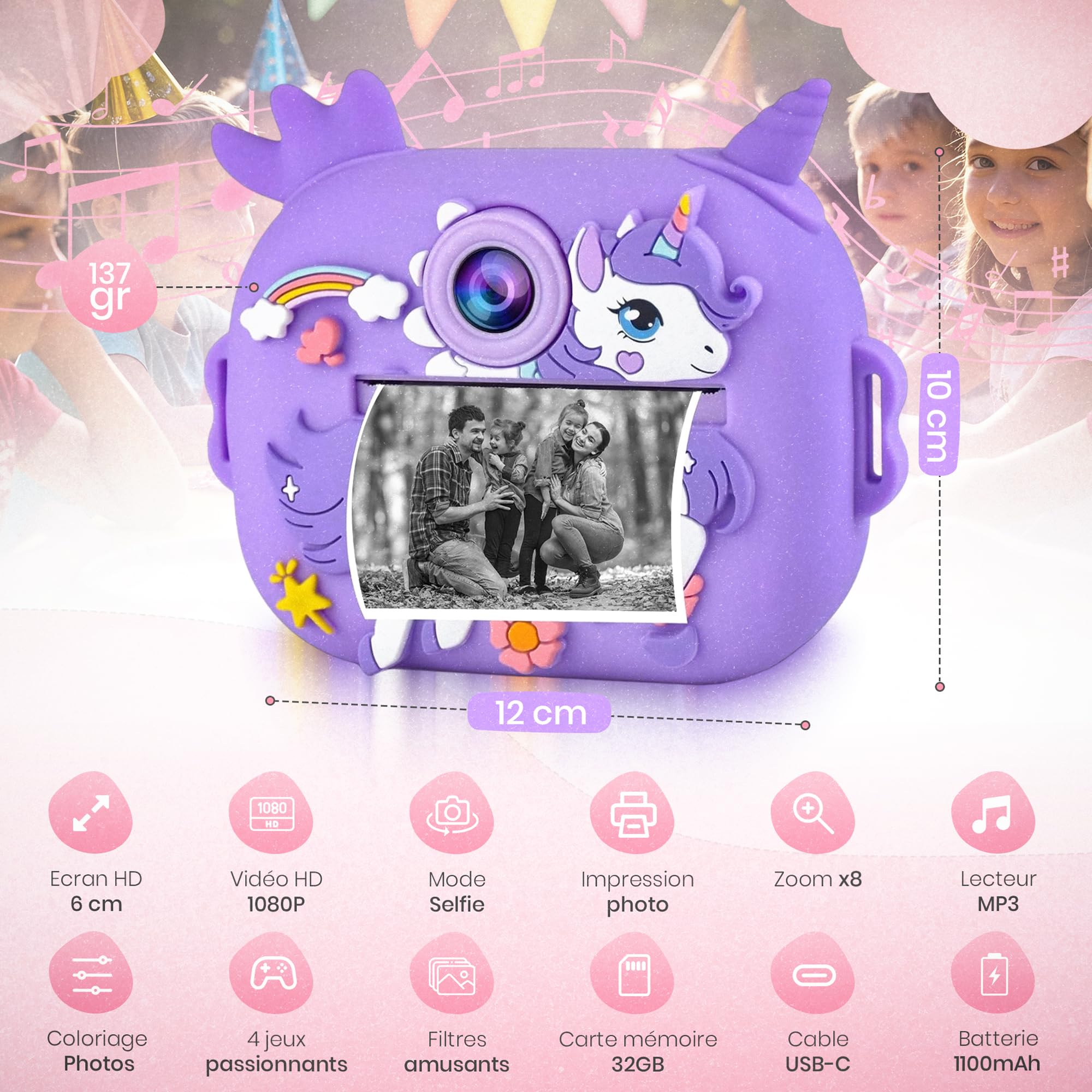 ETERNIUM Appareil Photo Instantané Enfant Licorne - Kit Créatif et Éducatif - Caméra Numérique 1080P Antichoc - 4 Rouleaux d'impression + Carte 32Go - Cadeau Noël Anniversaire Fille Garçon 3-12 Ans