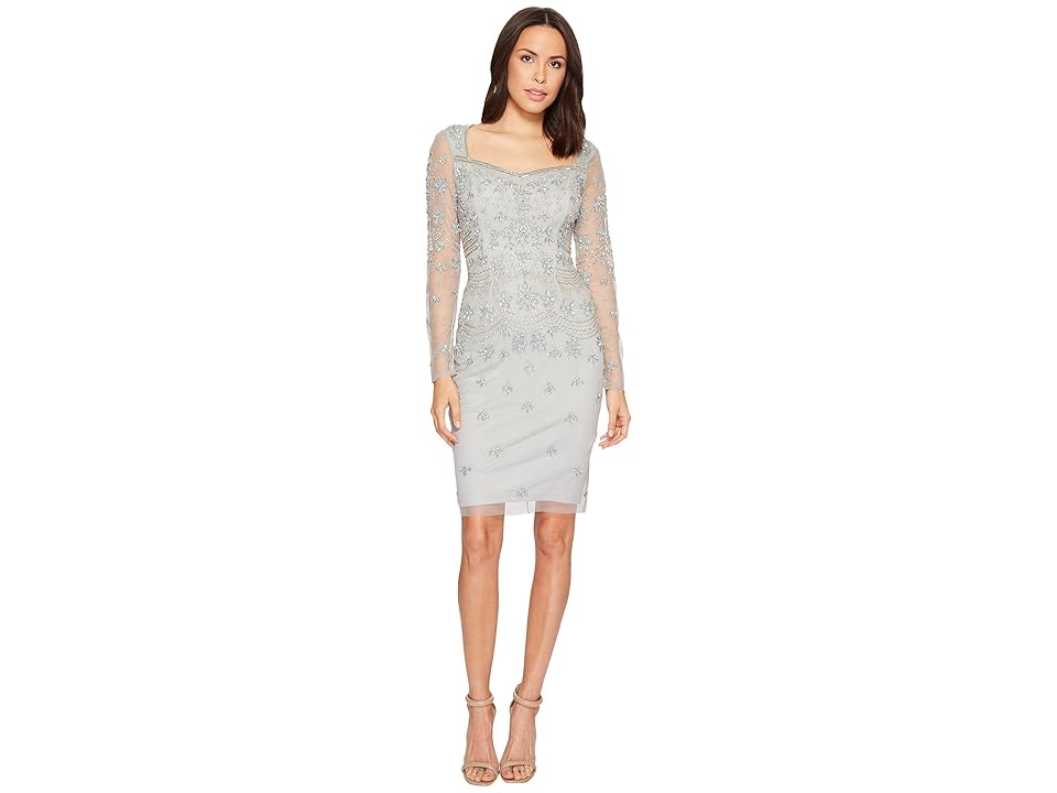 

Adrianna Papell Short Beaded Long Sleeve Dress with Sweetheart Neckline (Blue Mist) Women's Dress