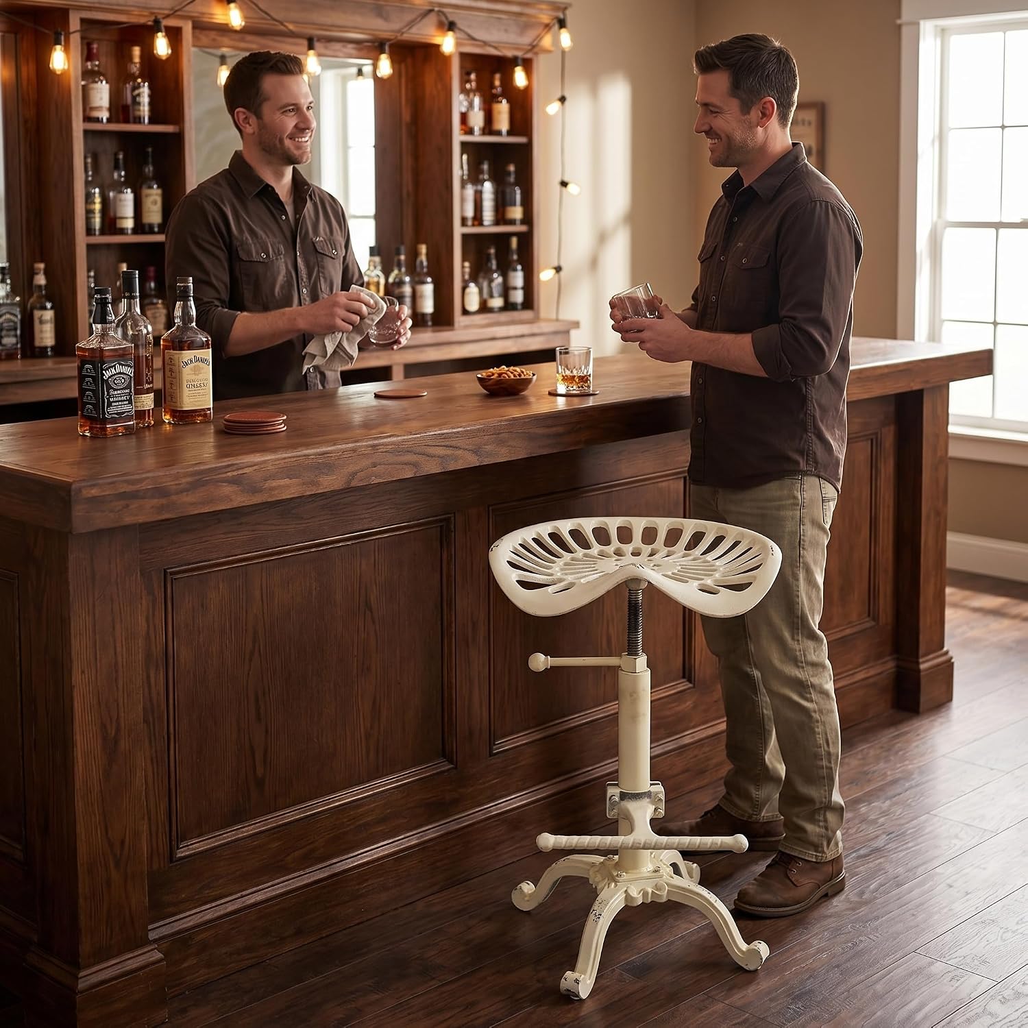 Rustic Industrial Farmhouse Tractor Seat Adjustable Height 21.65-27.56in Bar Stool Industrial Bar Chair (Aged White, Cast Iron)