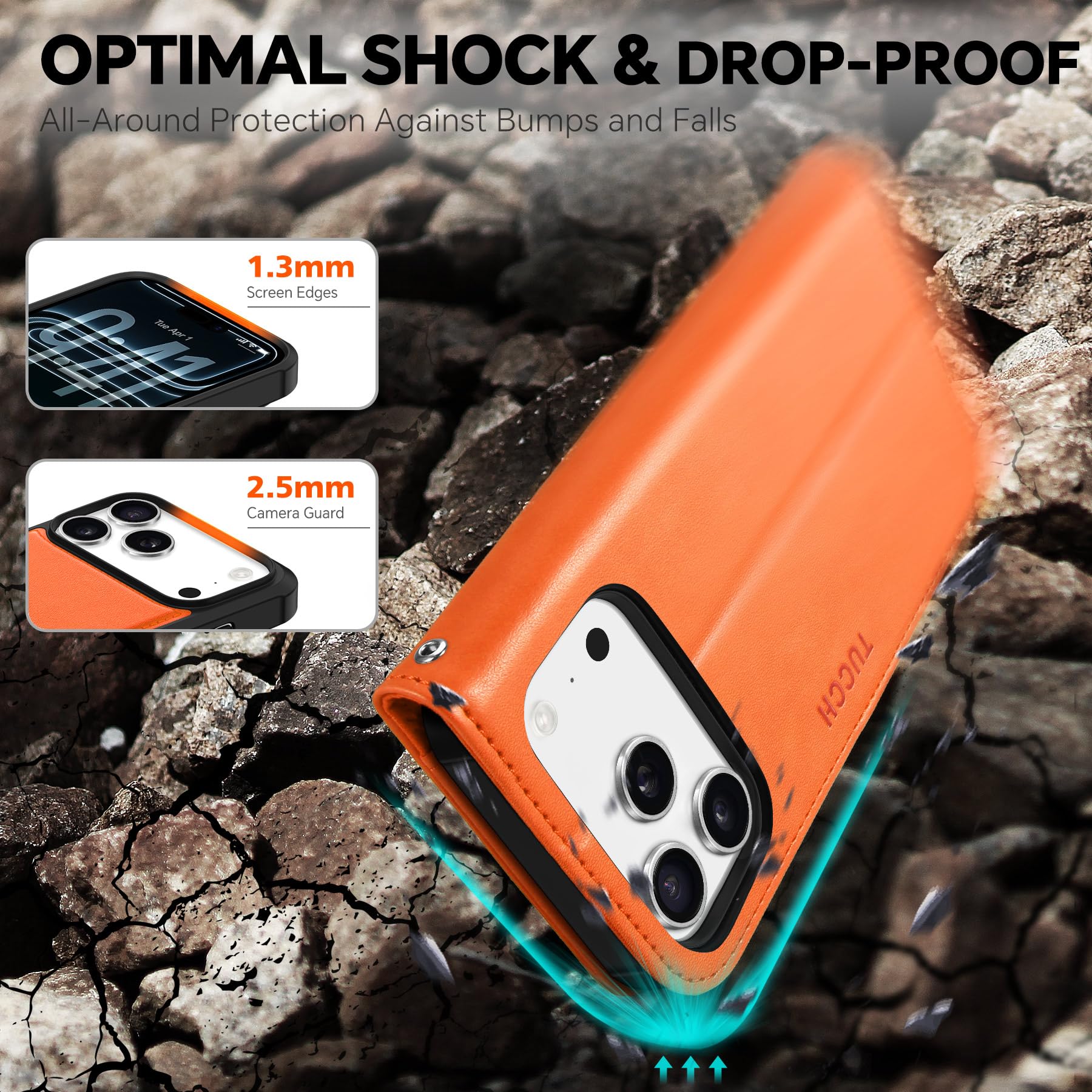 TUCCH Cover 2 in 1 per iPhone 17 Pro 6,3-pollici 5G 2025 [Blocco RFID] | Custodia Pelle PU Antiurto Portafoglio [Slot Schede] Cinturino Rimovibile Flip Cover Cavalletto Magnetica, Arancione Cosmico
