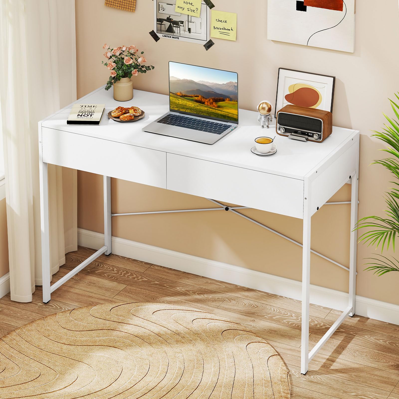 COSTWAY Scrivania per Computer con 2 Cassetti, Scrivania Porta PC con Telaio in Metallo e Legno, Posizione da Lavoro per Studio e Ufficio, Portata 100 kg, 112 x 48 x 76 cm (Bianco)