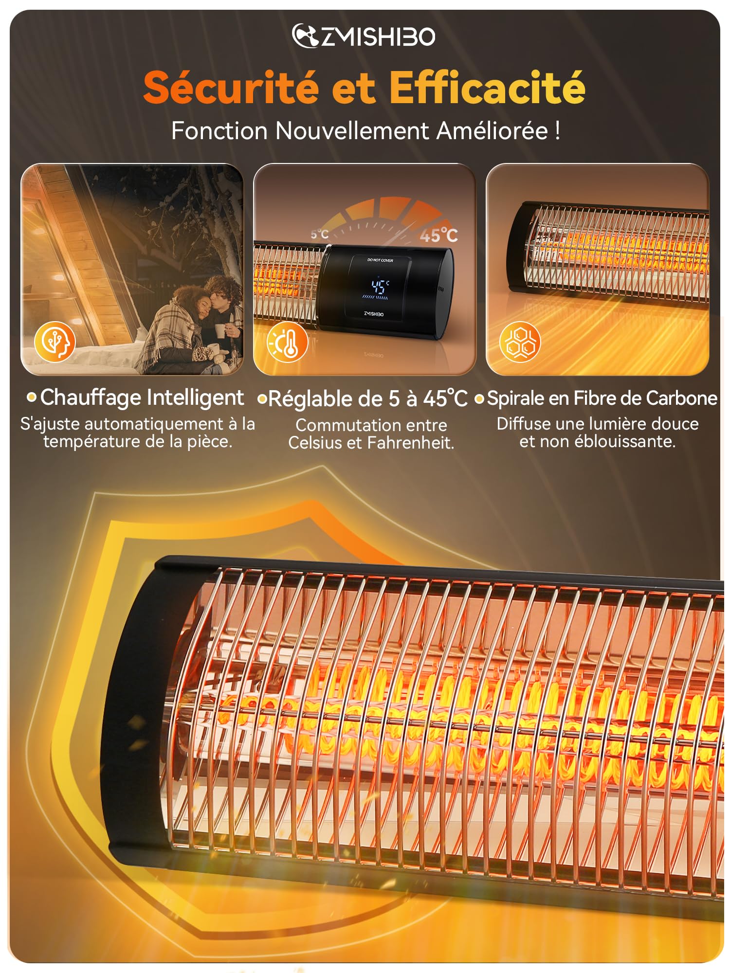 ZMISHIBO Radiateur Infrarouge 2000W, 4 Puissances, IP65 pour Intérieur & Extérieur, Montage Mur/Plafond, avec APP, Écran LED, Détection Fenêtre Ouverte & Sécurité Enfants