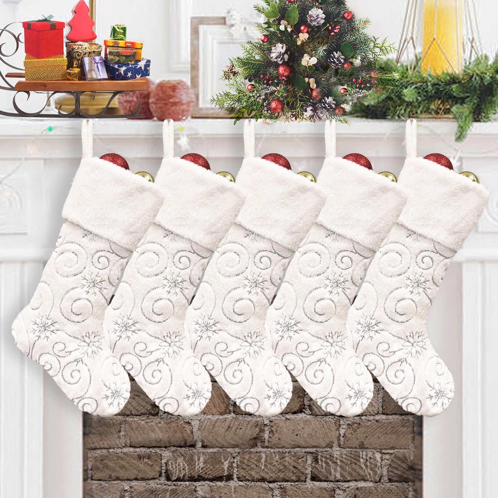 CARAKNOTS White Christmas Stockings Set of 5 Faux Fur Christmas Stockings with Silver Sequin Large Xmas Stockings for Kids Family Farmhouse Holiday Fireplace Hanging