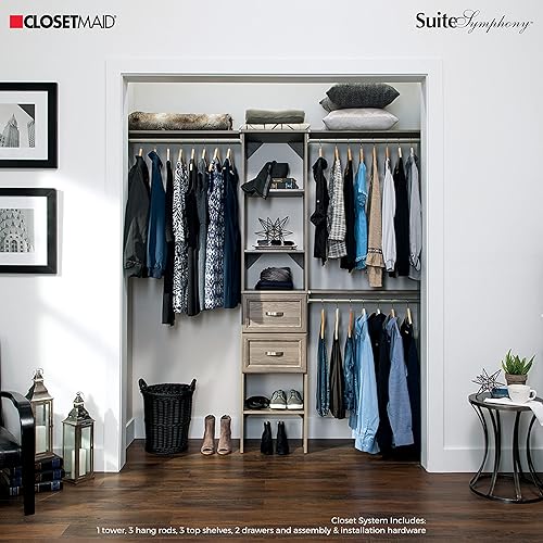 Miniatura 2 de ClosetMaid SuiteSymphony - Kit organizador de armario de madera con torre 3 varillas para colgar estantes superiores 2 cajones ajustable se adapta a