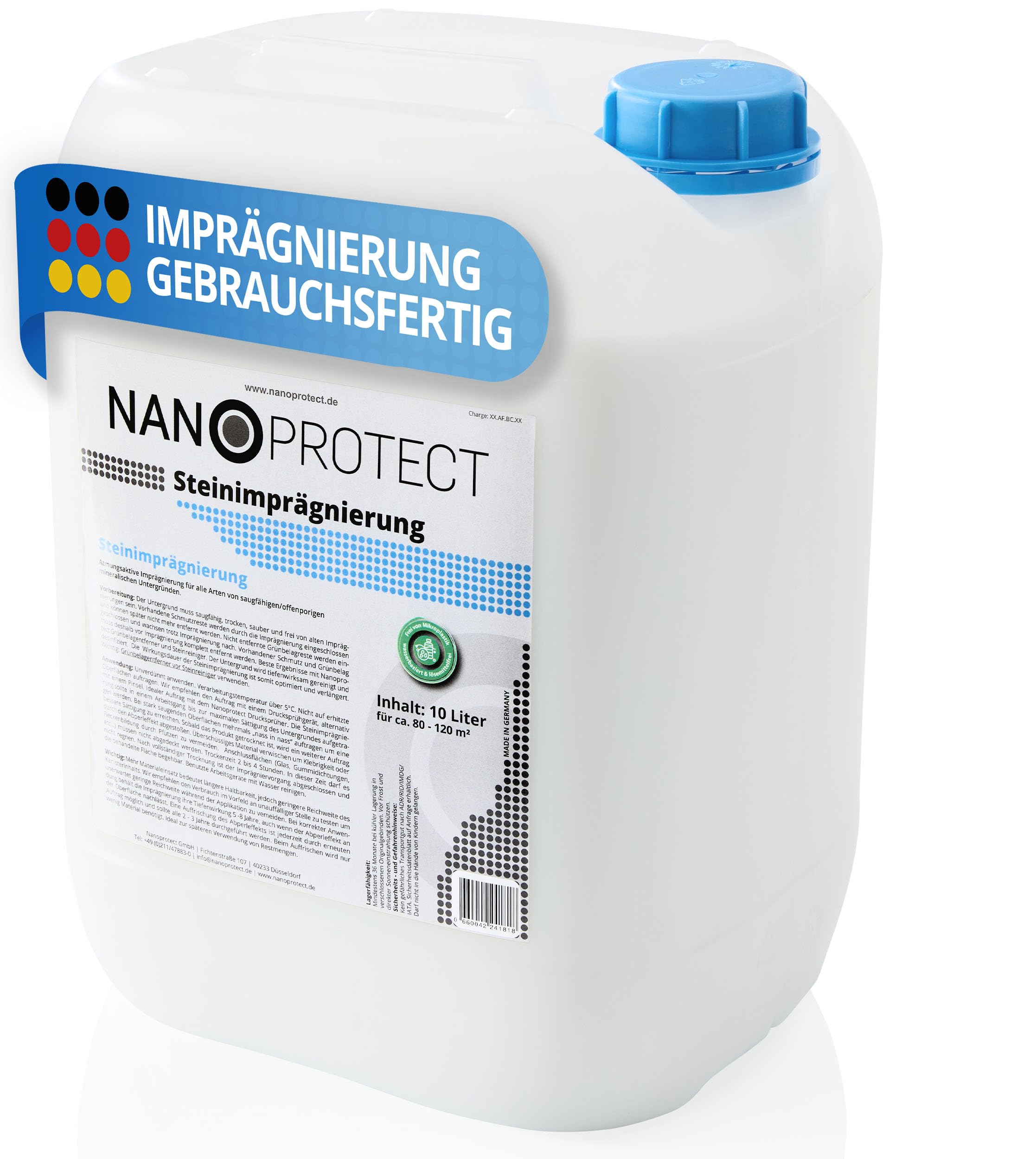 Nanoprotect Steinimprägnierung | 10 L für ca. 80 – 120 m² | Vorbeugend gegen Grünbelag und Einschmutzung | Ideal für Pflastersteine, Beton und Naturstein | Profi Qualität
