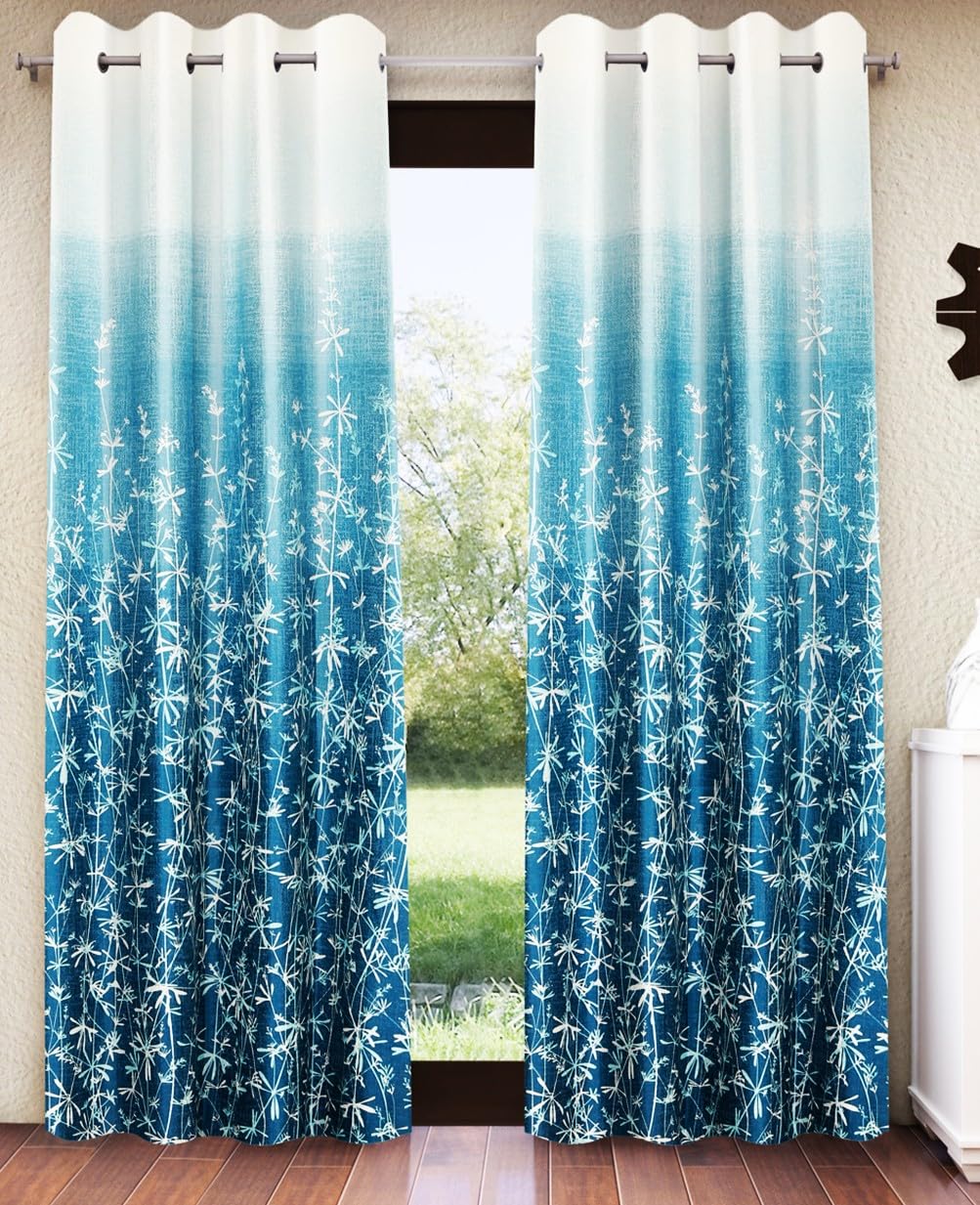 Home Sizzler 2 Pieces Ombre Floral Grommet Eyelet Polyester Semi-Transparent Door Curtains – 7 Feet, Aqua-image-28