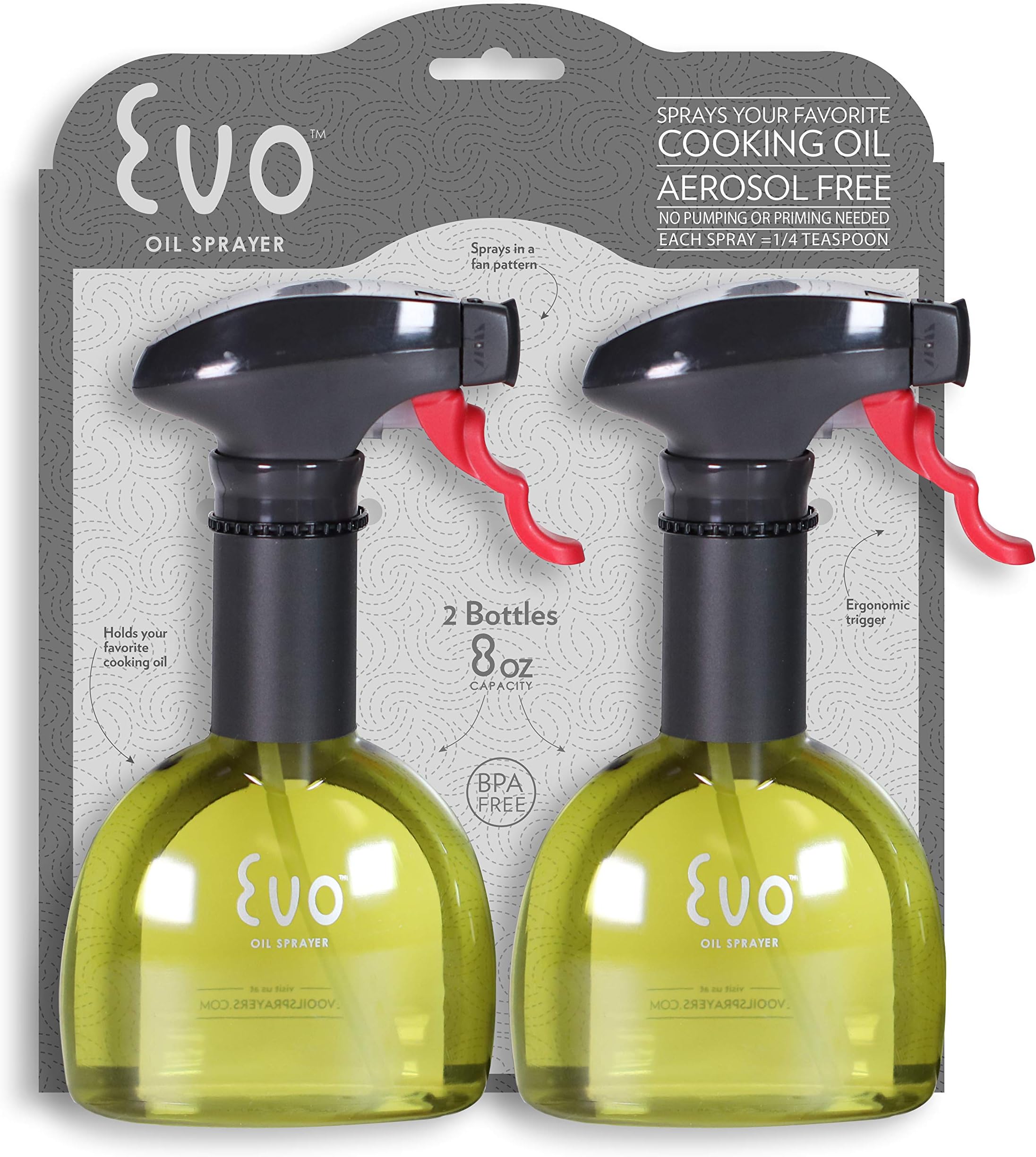 EVO Oil Sprayer, Non-Aerosol for Olive Oil and Cooking Oils, Yellow 8oz, Set of Two Bottles