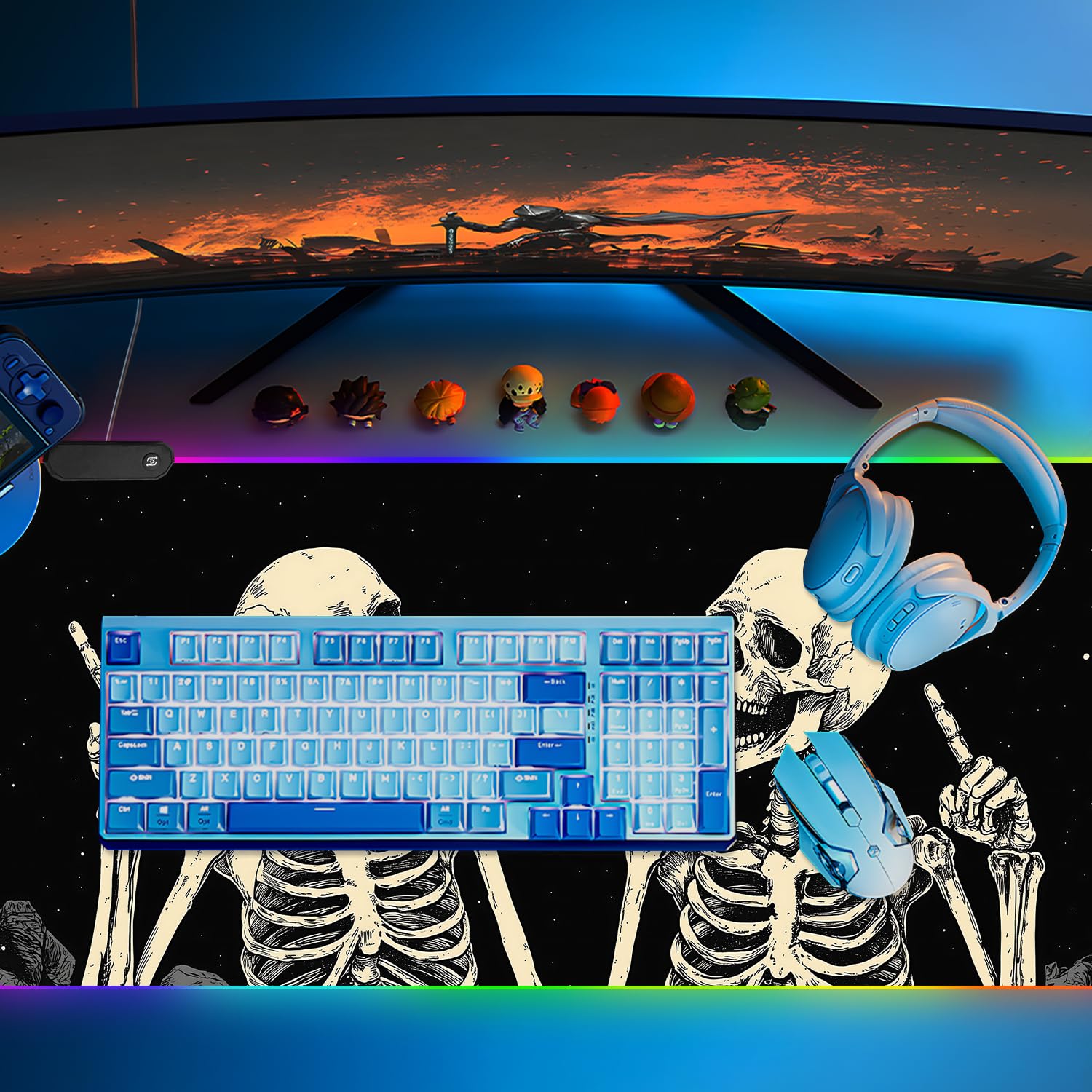 Tappetino per mouse da gioco RGB XL 89,9 x 40,6 cm, con teschio scheletrato, tappetino per mouse da gioco LED, antiscivolo, grande tappetino da scrivania per configurazione dei giocatori