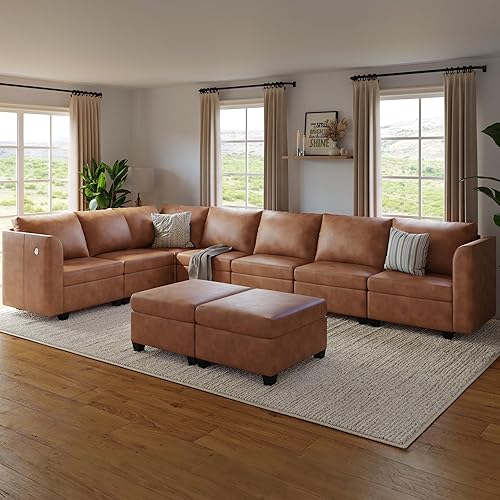 Faux Leather Sectional Couches for Living Room, 138.5" L Shaped 9 Seater Modular Sofa with Storage & Ottoman, USB/Type C Port (Brown)