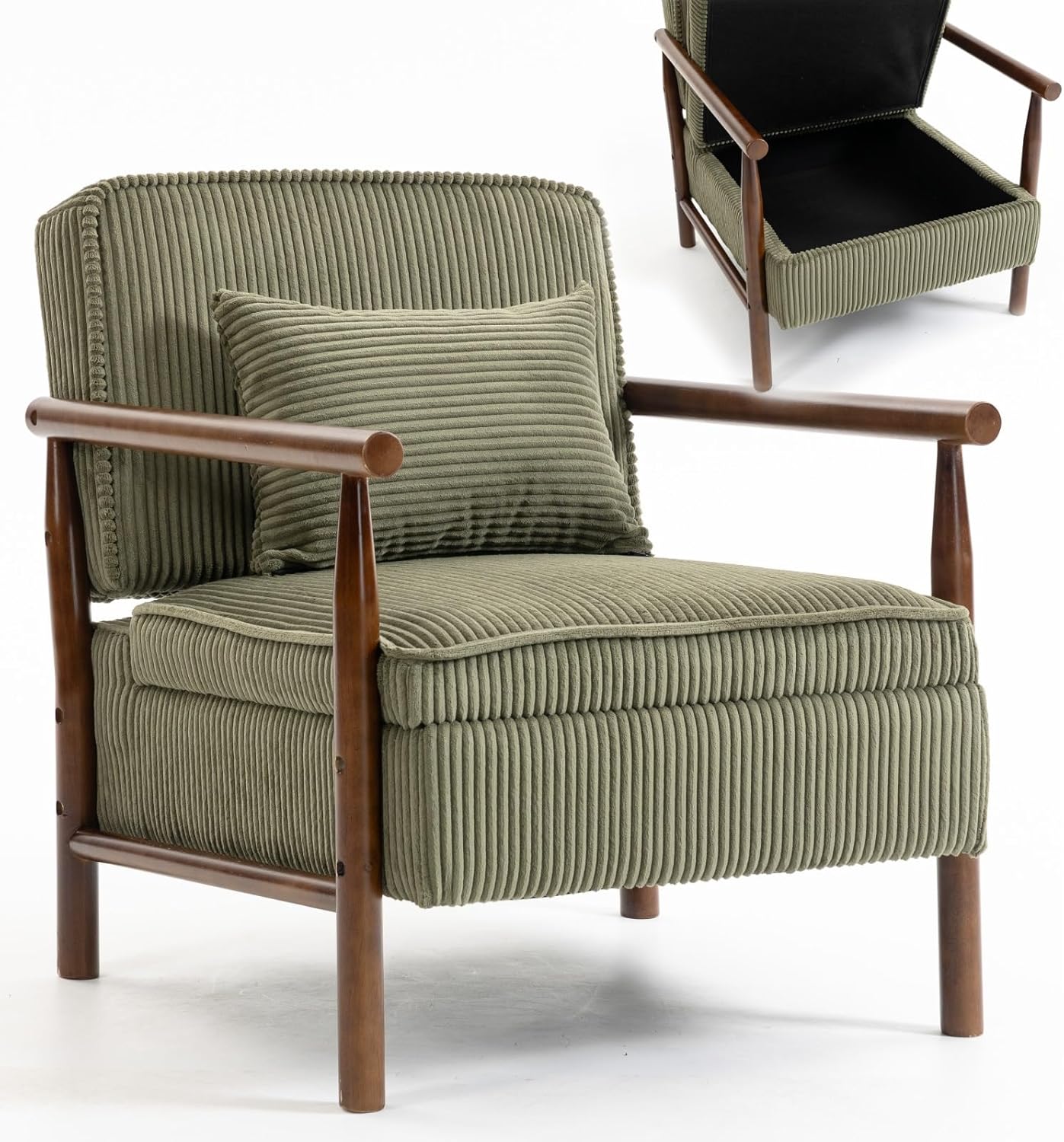 Chair with Storage, Small Living Room Chair, High-Density Sponge, Mid Century Accent Chair, Corduroy Upholstered, 250lbs Capacity(Green)