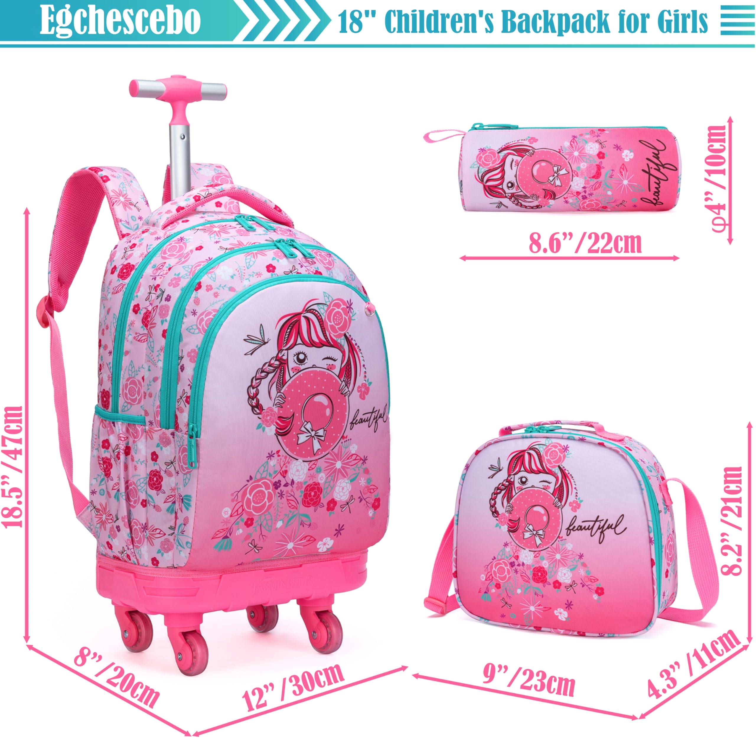 Set di 3 zaini con rotelle 45,7 cm per ragazze e ragazzi con borsa per il pranzo e astuccio, borse scolastiche, 18, Zaini da viaggio