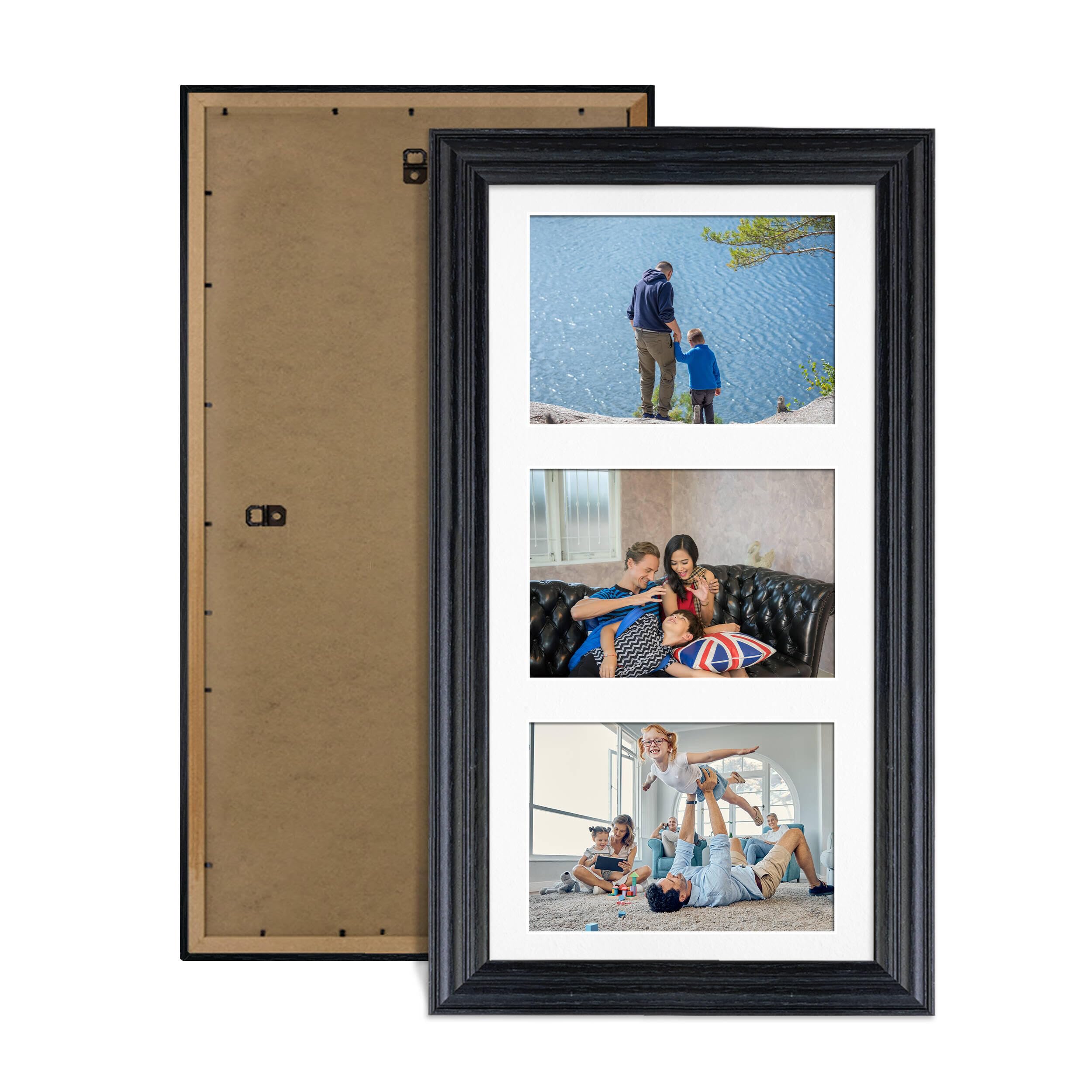 Alison Kingsgate Black 40x20cm Photo frames for multiple pictures - 3 Apertures Collage Frame with White Mount - Holds (3x) 6x4 Photos - Engineered Wood & Perspex