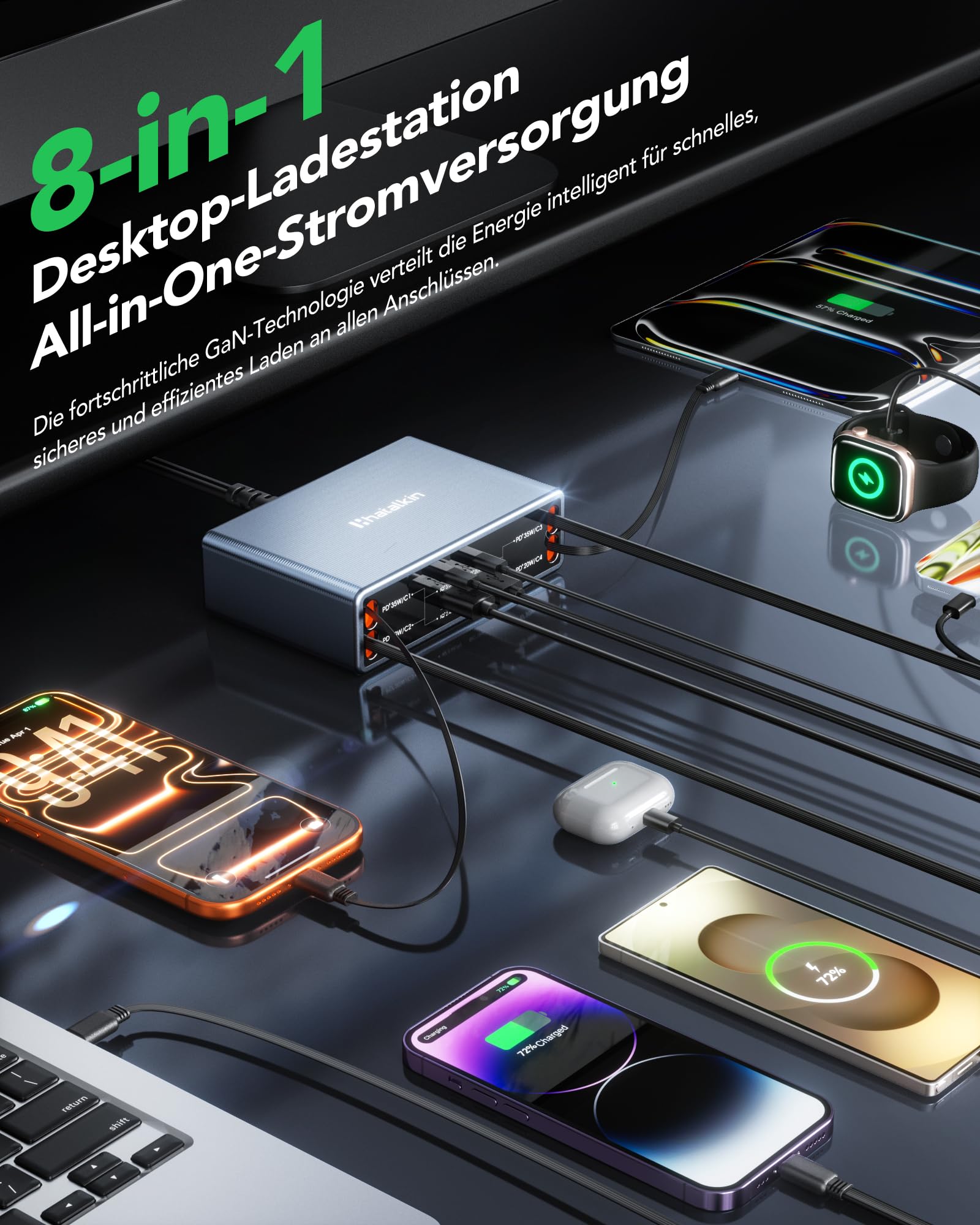 HATALKIN Multi Chargeur USB C 105w 4 Retractable Station de Charge,4 Ports GAN Chargeurs et Adaptateurs,