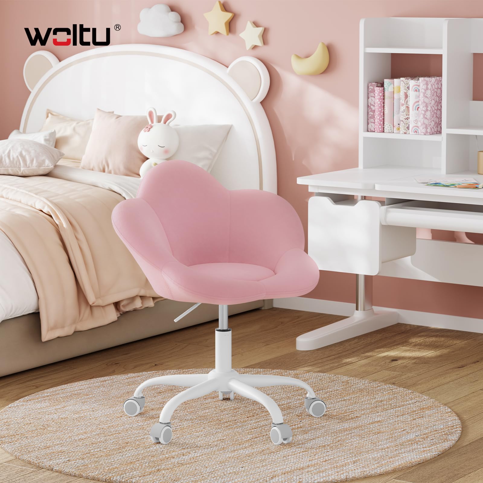 WOLTU Chaise Bureau Enfant, Chaise Pivotante en Velours, Ergonomique, Réglable en Hauteur, Siège Rembourré, en Forme de Pétale, pour Bureau, Chambre d'enfant, Rose Clair