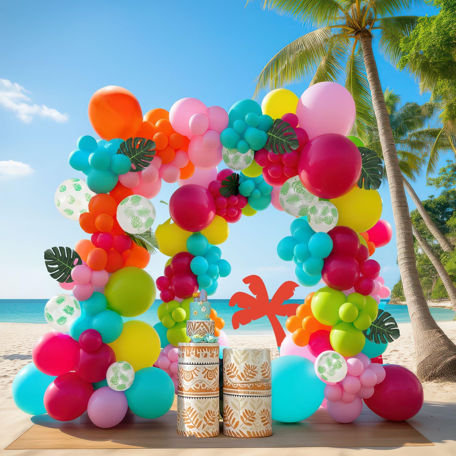 summer hawaii aloha balloons garlandkti 150pcs Hot Pink blue orange green balloons with Palm Leaves Balloons For Tropical luau Birthday Decorations
