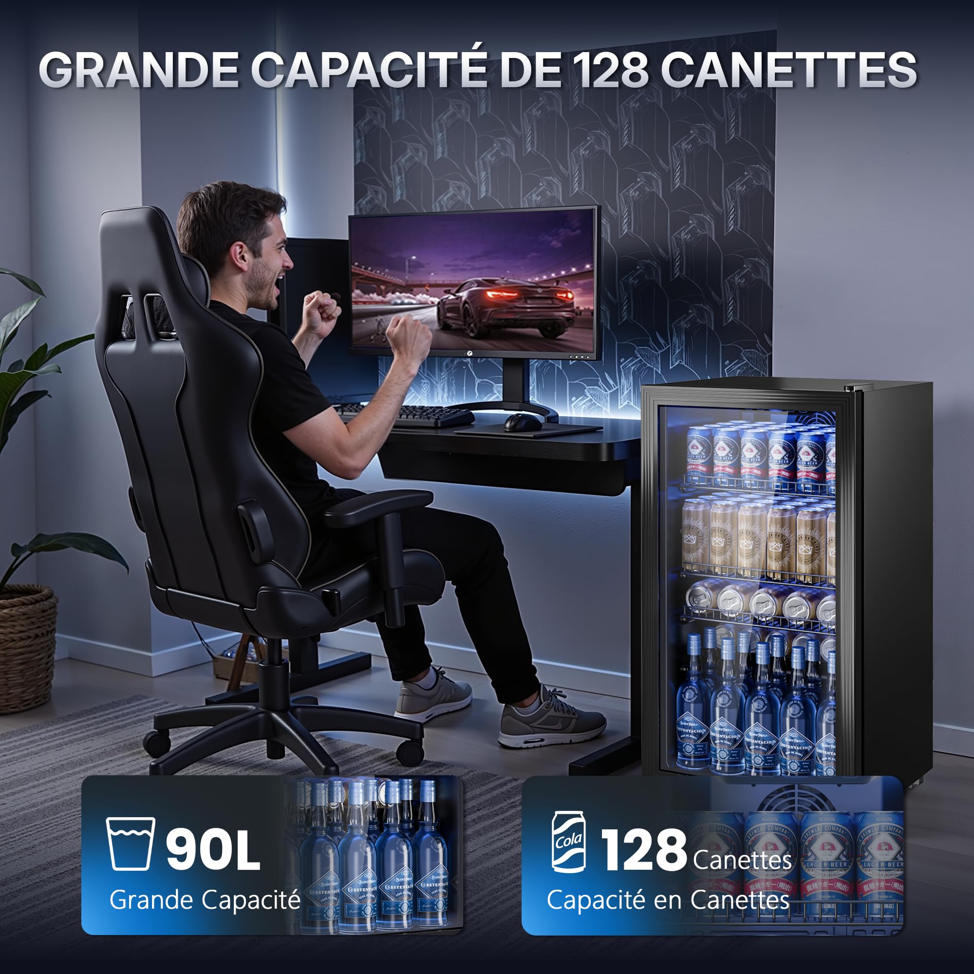 TRIUMPHKEY Réfrigérateur à Boissons 90 L avec Porte Vitrée, Mini Frigo pour 128 Canettes