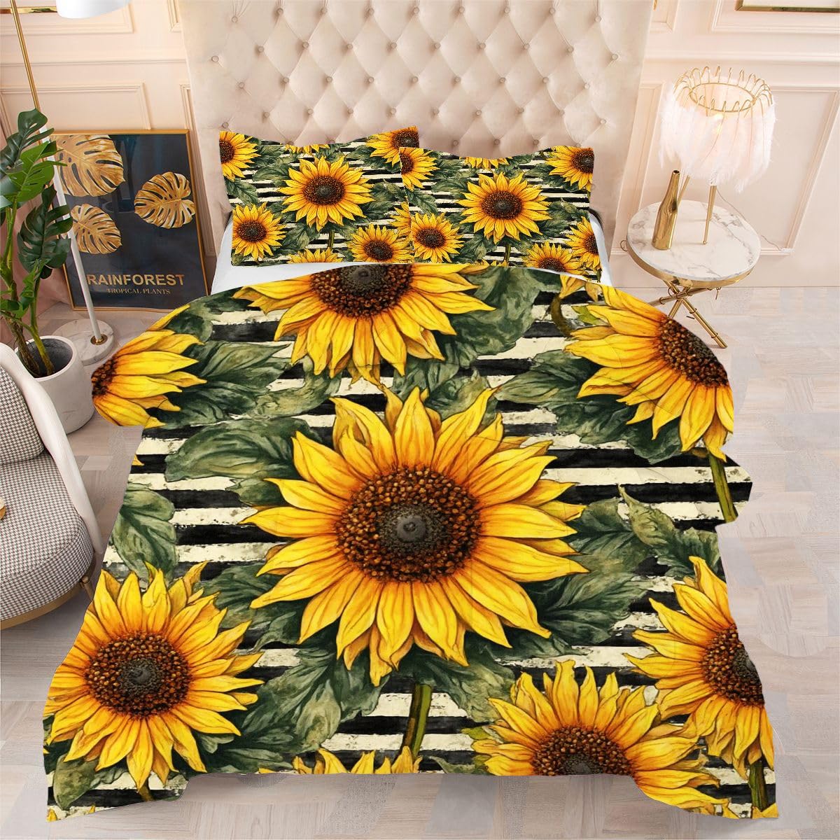 Kołdra 4 pory roku 140x200 cm nastolatek żółty słonecznik, koc z mikrofibry dla 1 osoby pranie w pralce, oddychający i miękki komplet pościeli z 2 poszewkami na poduszki 65x65 cm