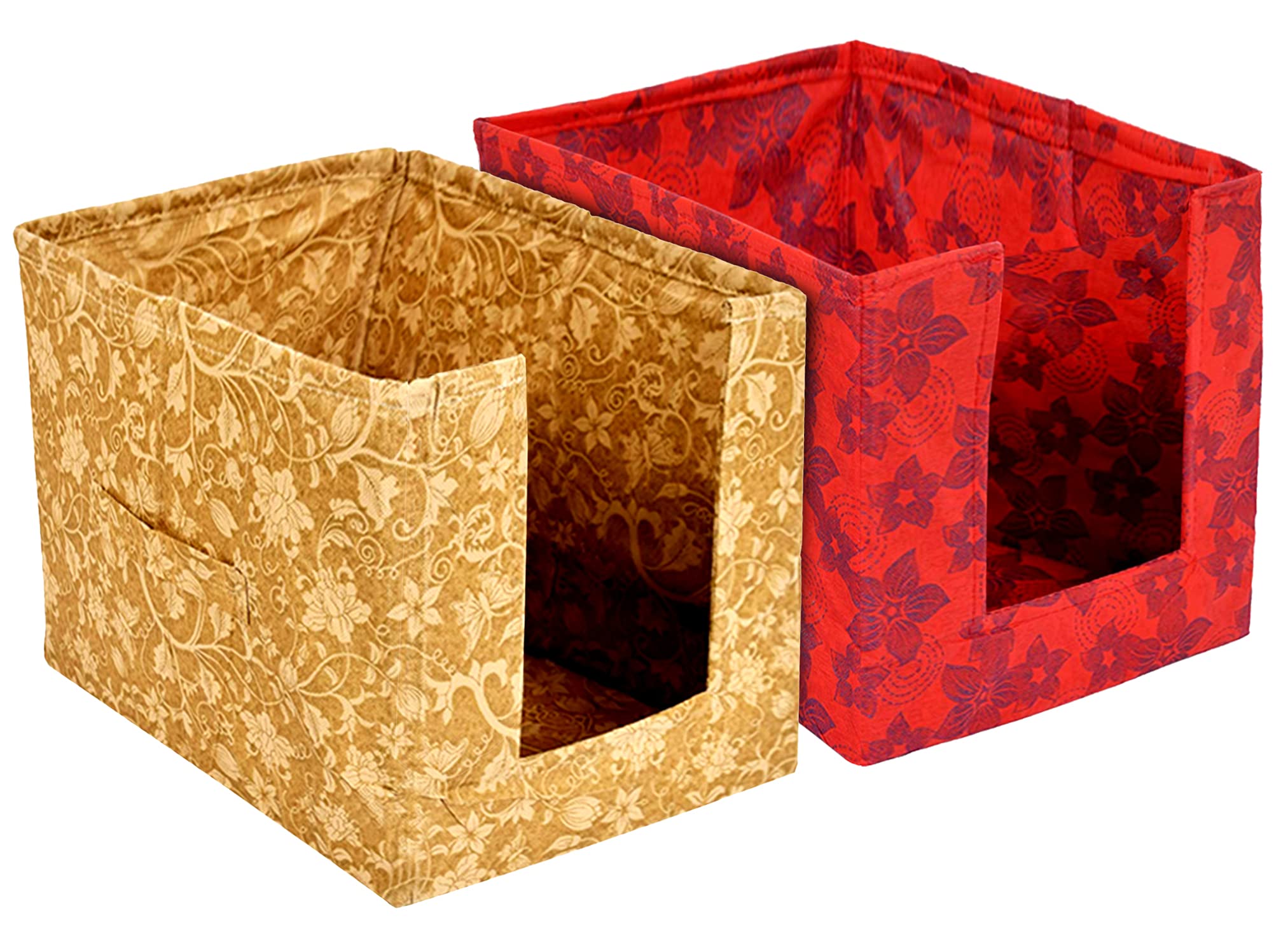 Kuber Industries Saree Organizer for Wardrobe/Closet Storage Box and Clothing Organiser for Women Clothes With Metalic Flower Print- Pack of 2 (Beige & Red)