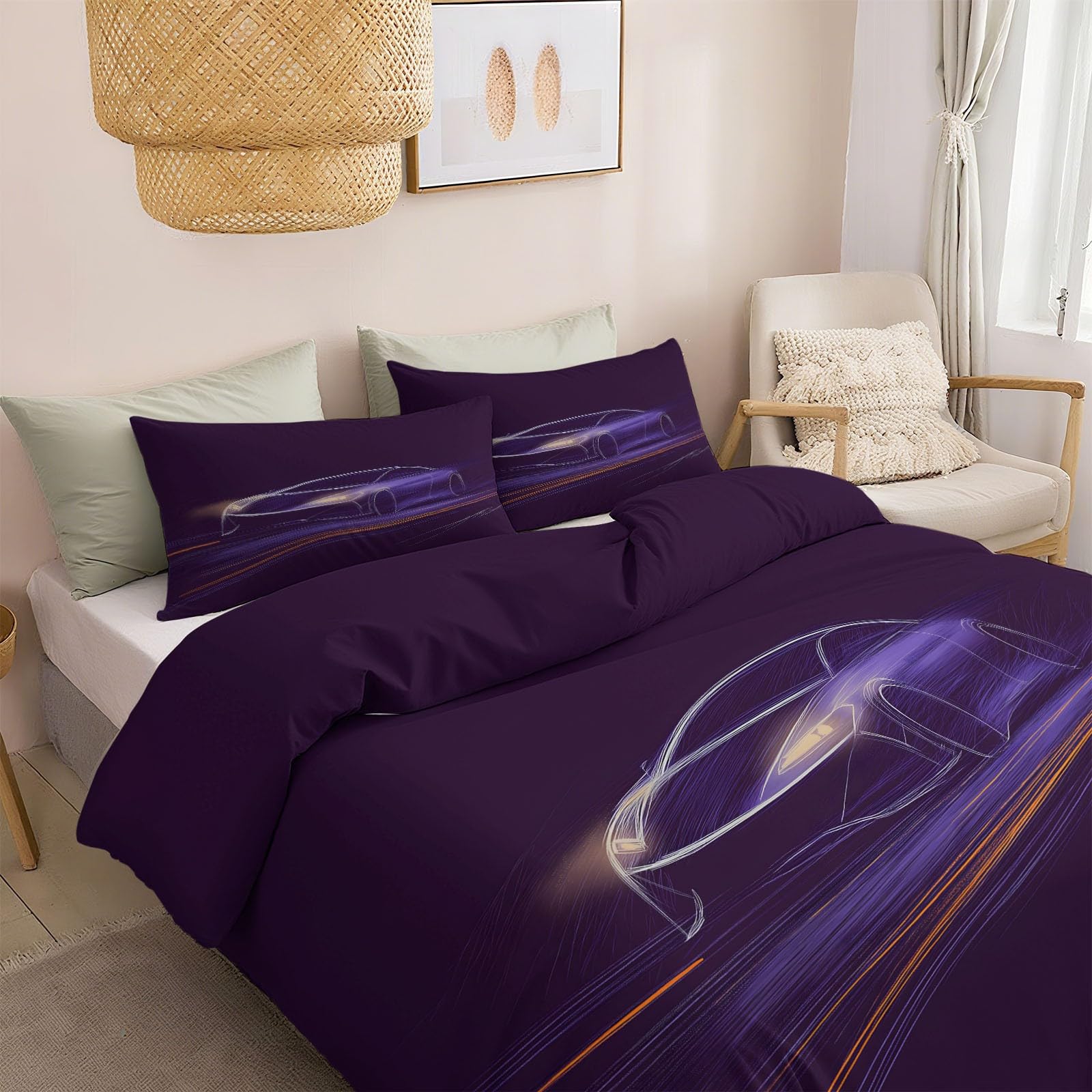 Housse de couette 260x240 voiture de sport mauve clair avec taies d'oreiller