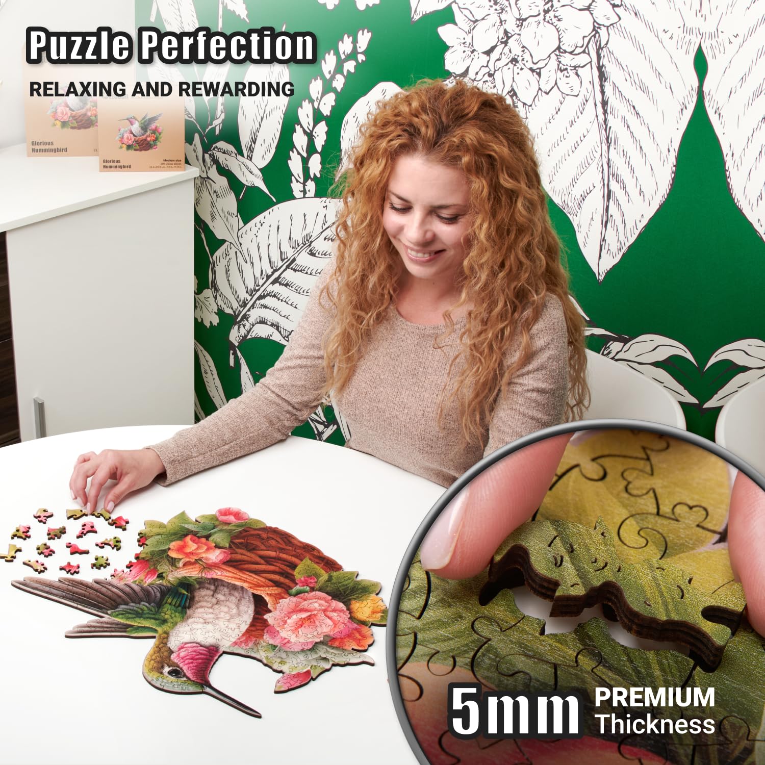 LEOGOR Puzzles en bois pour adultes – 350 pièces, 45 x 37,8 cm – Puzzles en bois extra épais de 5 mm pour adultes, grand puzzle mosaïque en forme d'oiseau, colibri glorieux, pièces uniques dessinées à