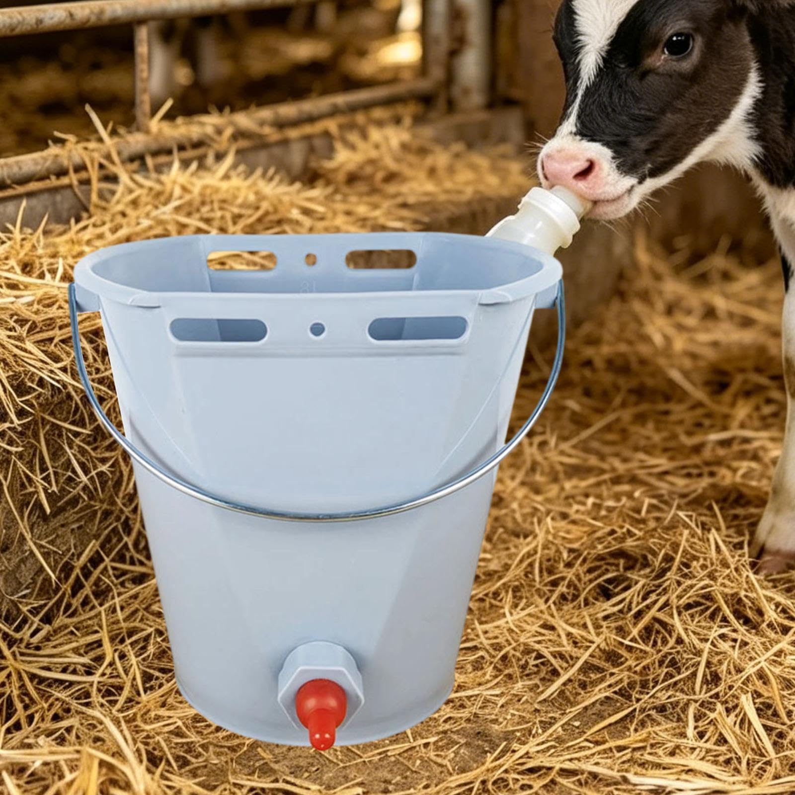 Secchio per L'alimentazione dei Vitelli, Secchio per Il Latte, Accessori per L'allevamento, Installazione Facile E Professionale, con Tettarel, Grigio con 1 Capezzolo