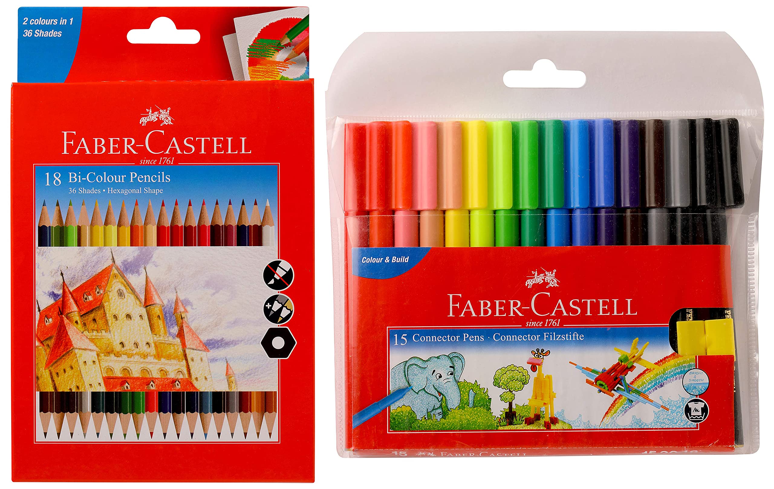 Faber-Castell Bi-Colour Pencil, Pack of 18 (Assorted) Connector Pen Set - Pack of 15 (Assorted)