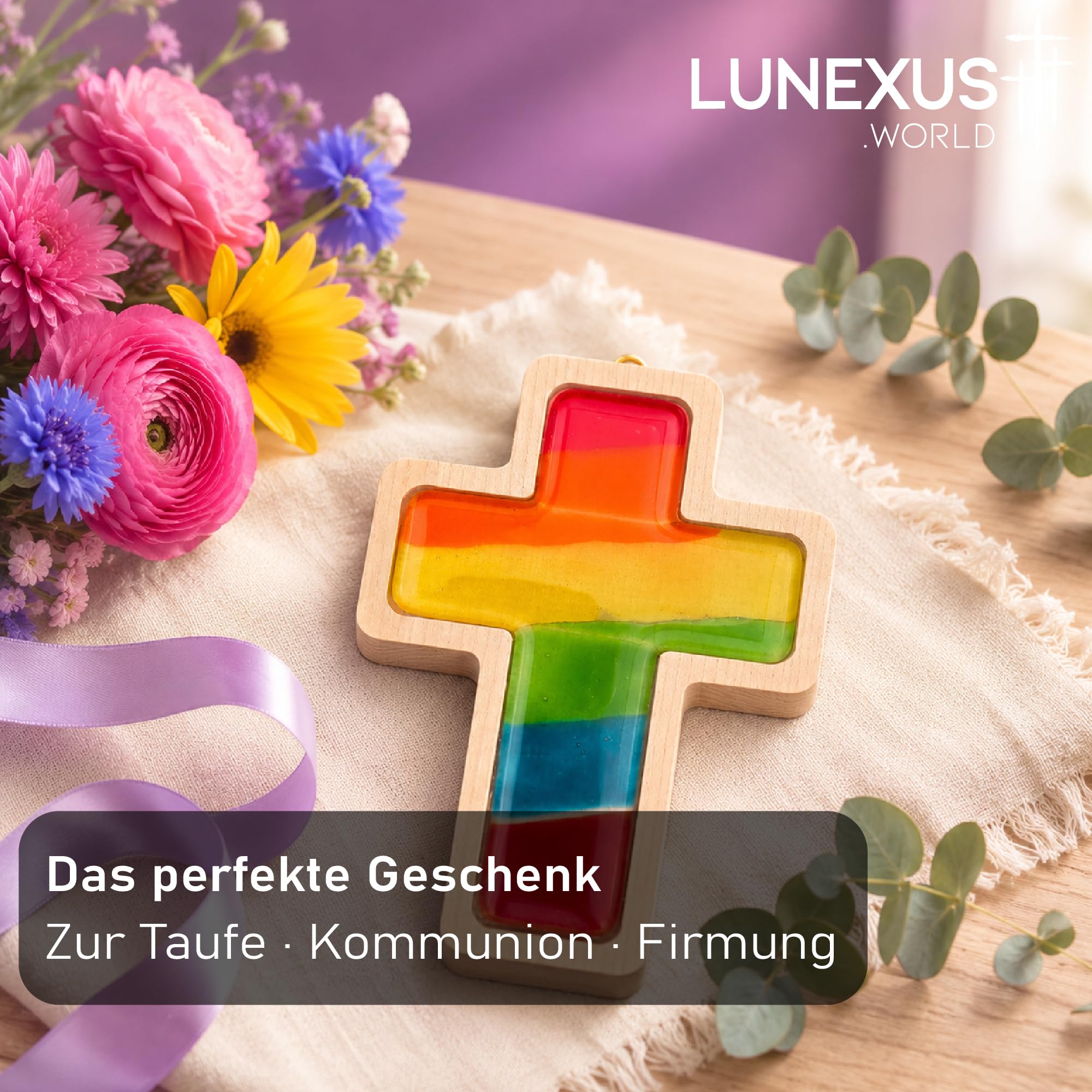 Lunexus Krzyż ścienny drewno szkło tęcza 17 x 12 cm