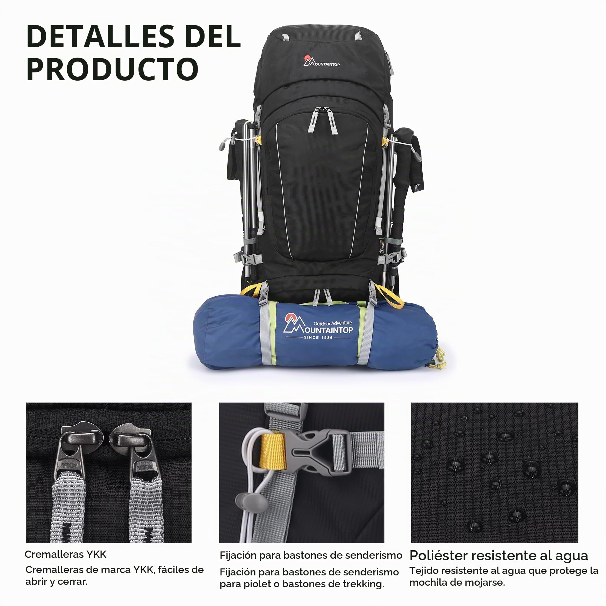 MOUNTAINTOP Mochila Trekking 60L Hombre Mujer Funda Lluvia | Diseñada para trekking montaña y viajes largos, cremalleras YKK, soporte lumbar cinturón acolchado
