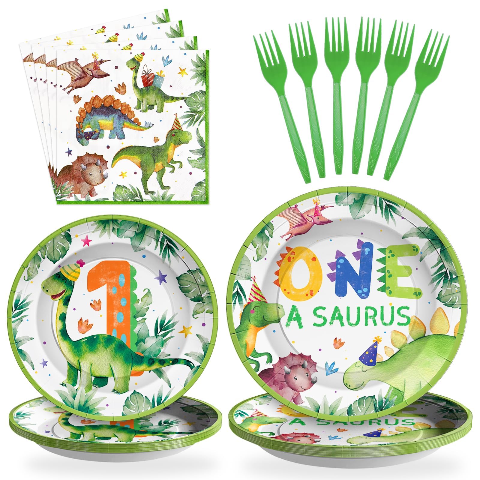 96Pcs Dinosaur 1st Birthday Decorations Cartoon Dinosaurs Plates and Napkins Tableware Sets Watercolor Dinosaur Party Decorations for One Year Old