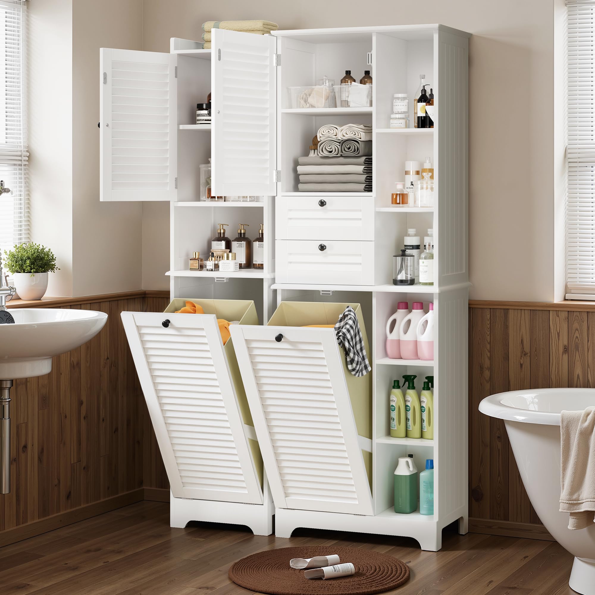Xbro Mobile Salvaspazio Alto da Bagno con Cesto Portabiancheria, 2 Ante a Lamelle, 2 Cassetti e 8 Ripiani Aperti, Multiuso per Bagno, Cucina e Soggiorno, 60x37x170 cm, Bianco